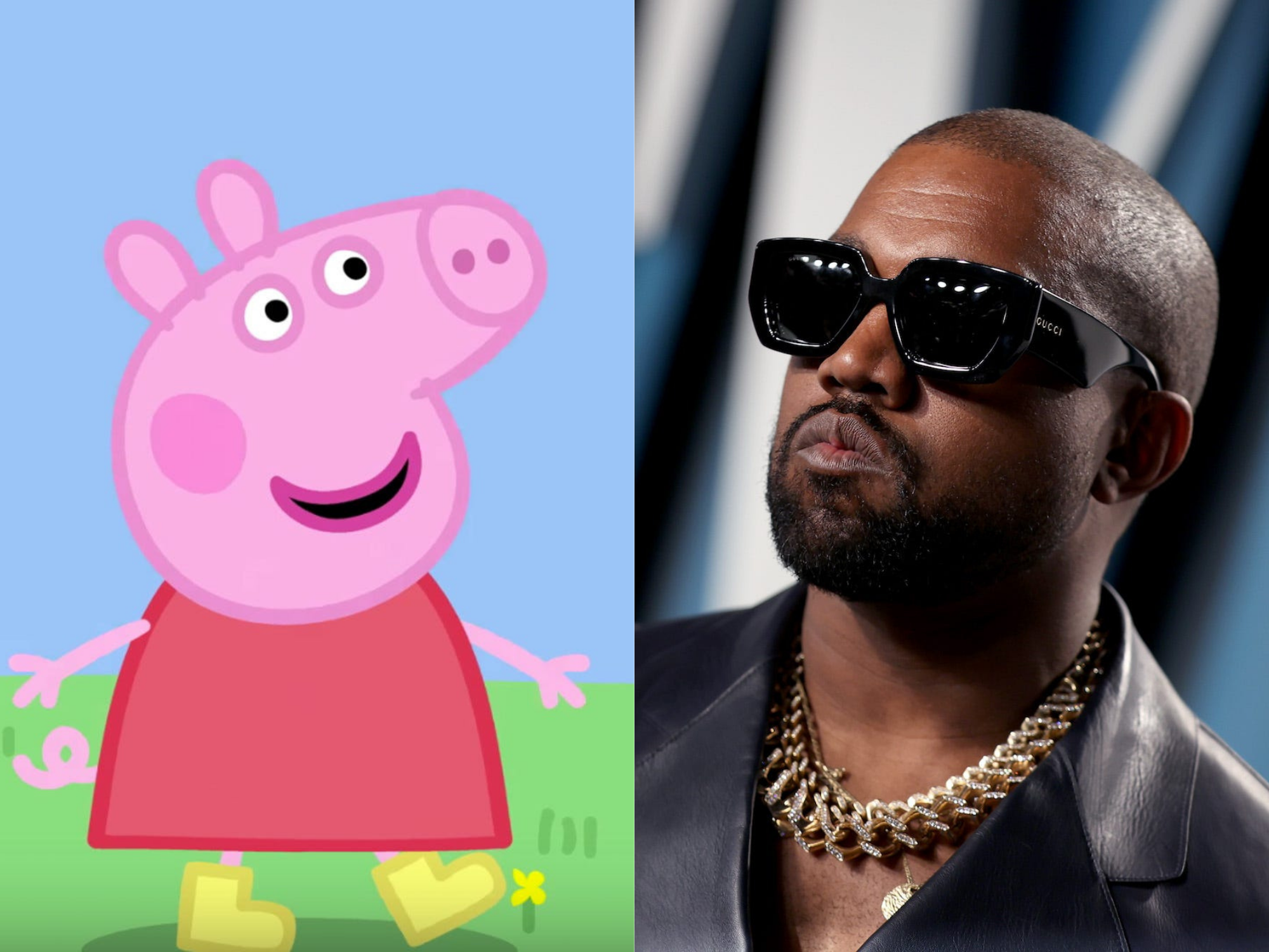 left: the cartoon character peppa pig, smiling and wearing a red dress; right: kanye west, wearing sunglasses with a neutral expression on his face