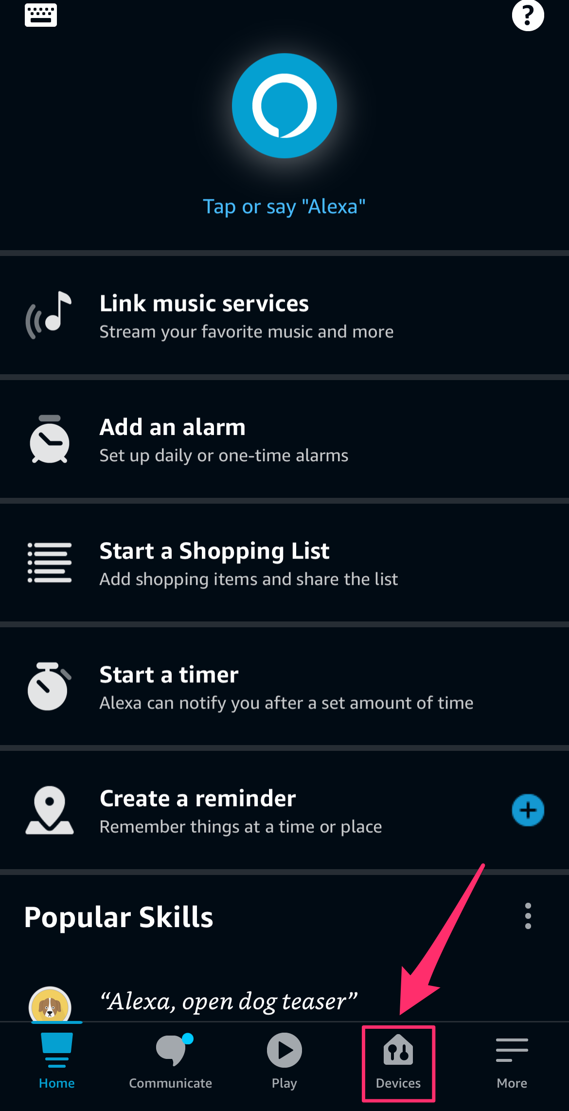 iPhone screenshot of the Alexa app home page with the Devices button highlighted