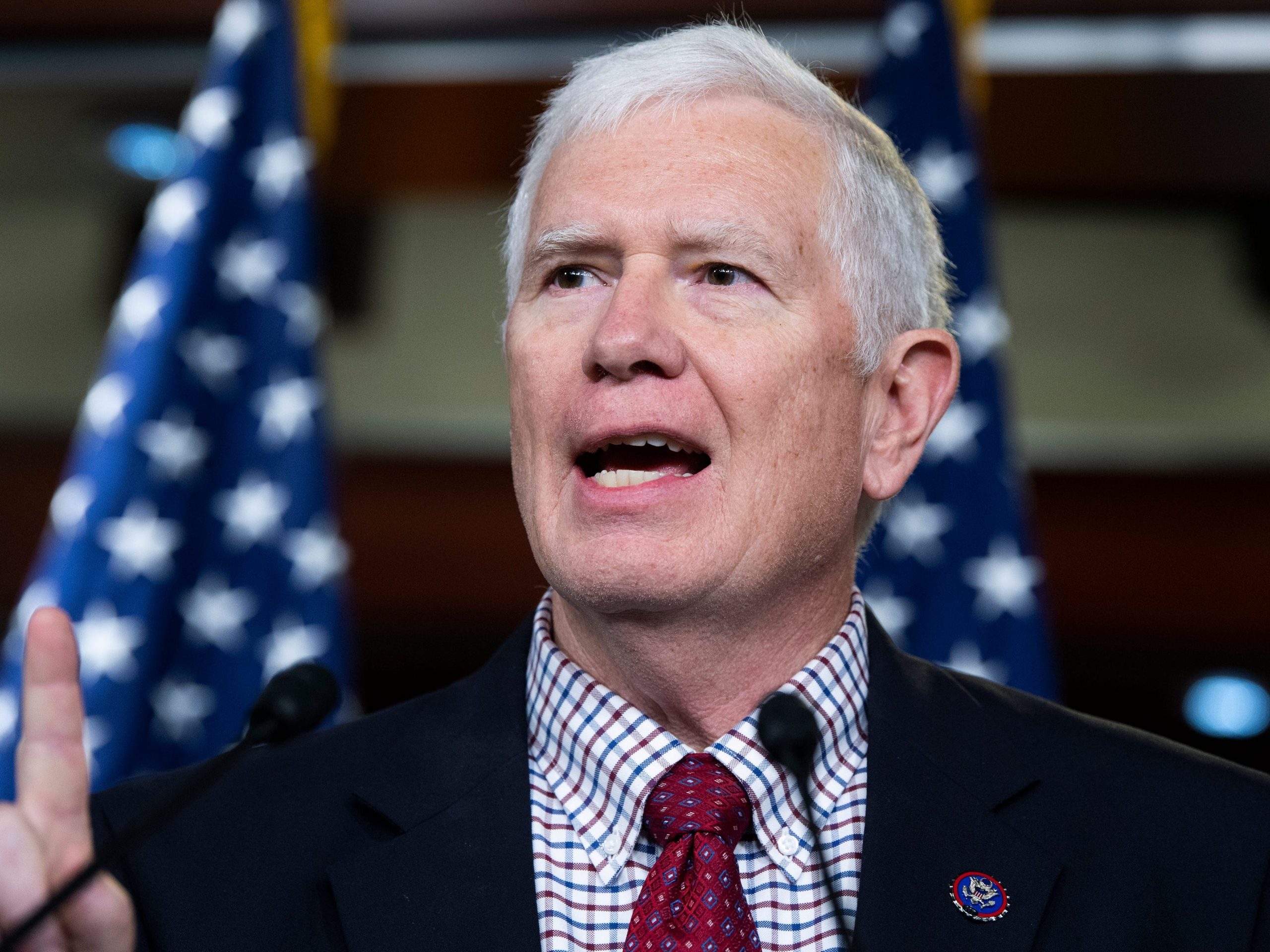 Rep. Mo Brooks, R-Ala., conducts a news conference in the Capitol Visitor Center on Tuesday, June 15, 2021.