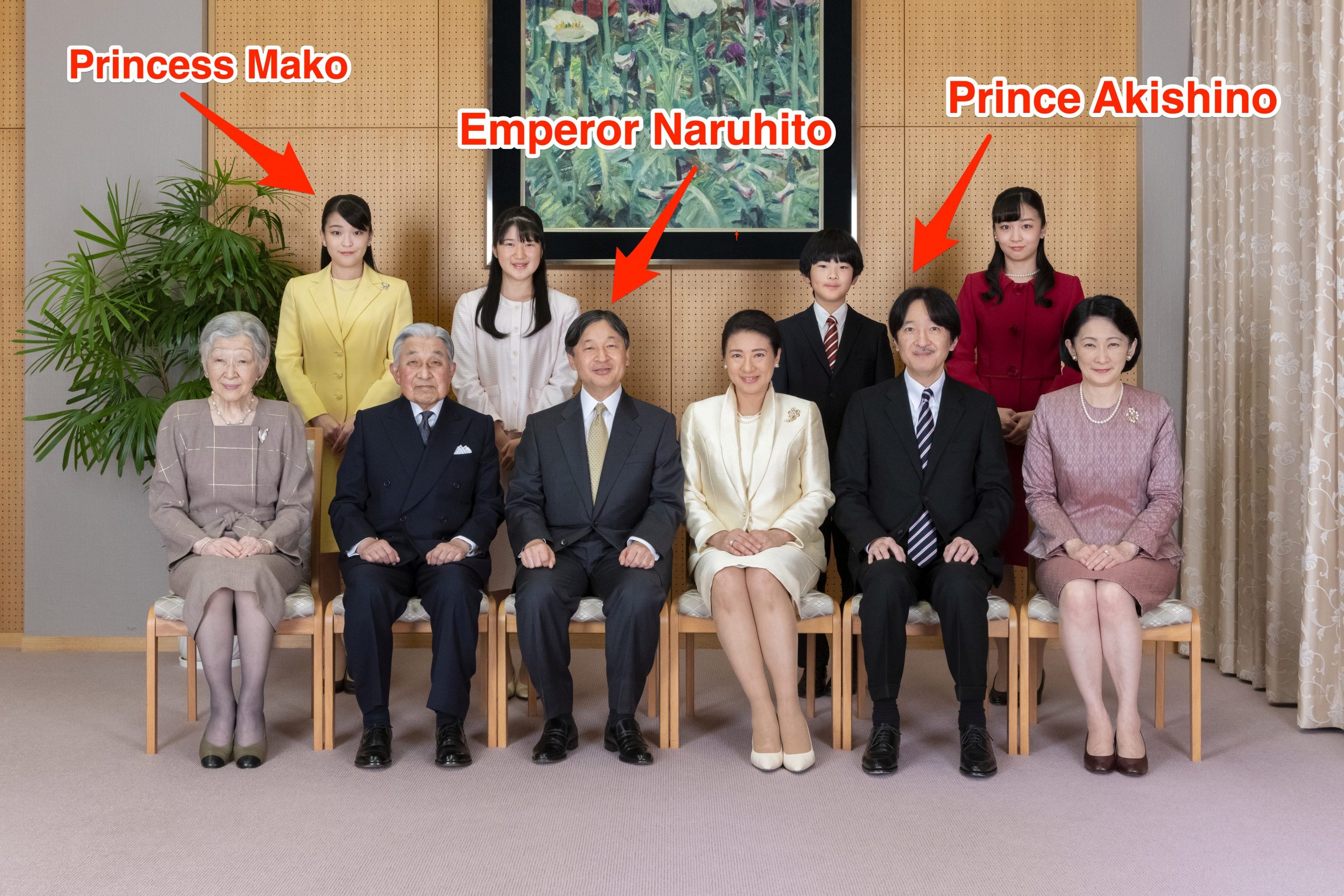 Princess Mako (top left) pictured with her royal family including Emperor Naruhito (third from the left) and her father Prince Akishino (second from the right).