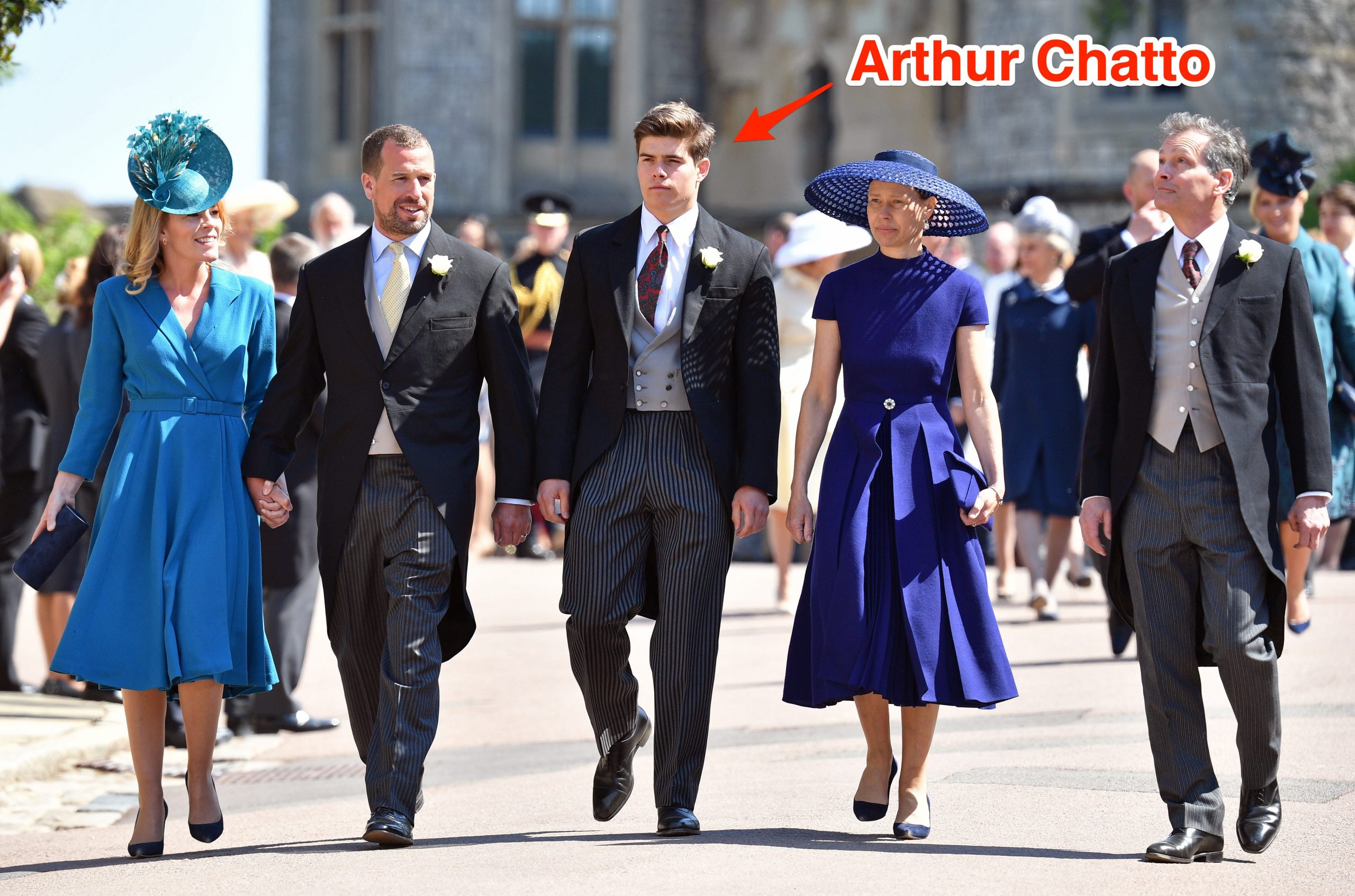 Arthur Chatto (center) pictured attending the royal wedding of Prince Harry and Meghan Markle in 2018.