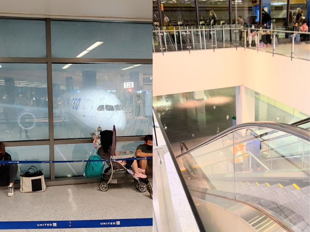 People stuck in an airport, flooding in baggage claim in an airport.