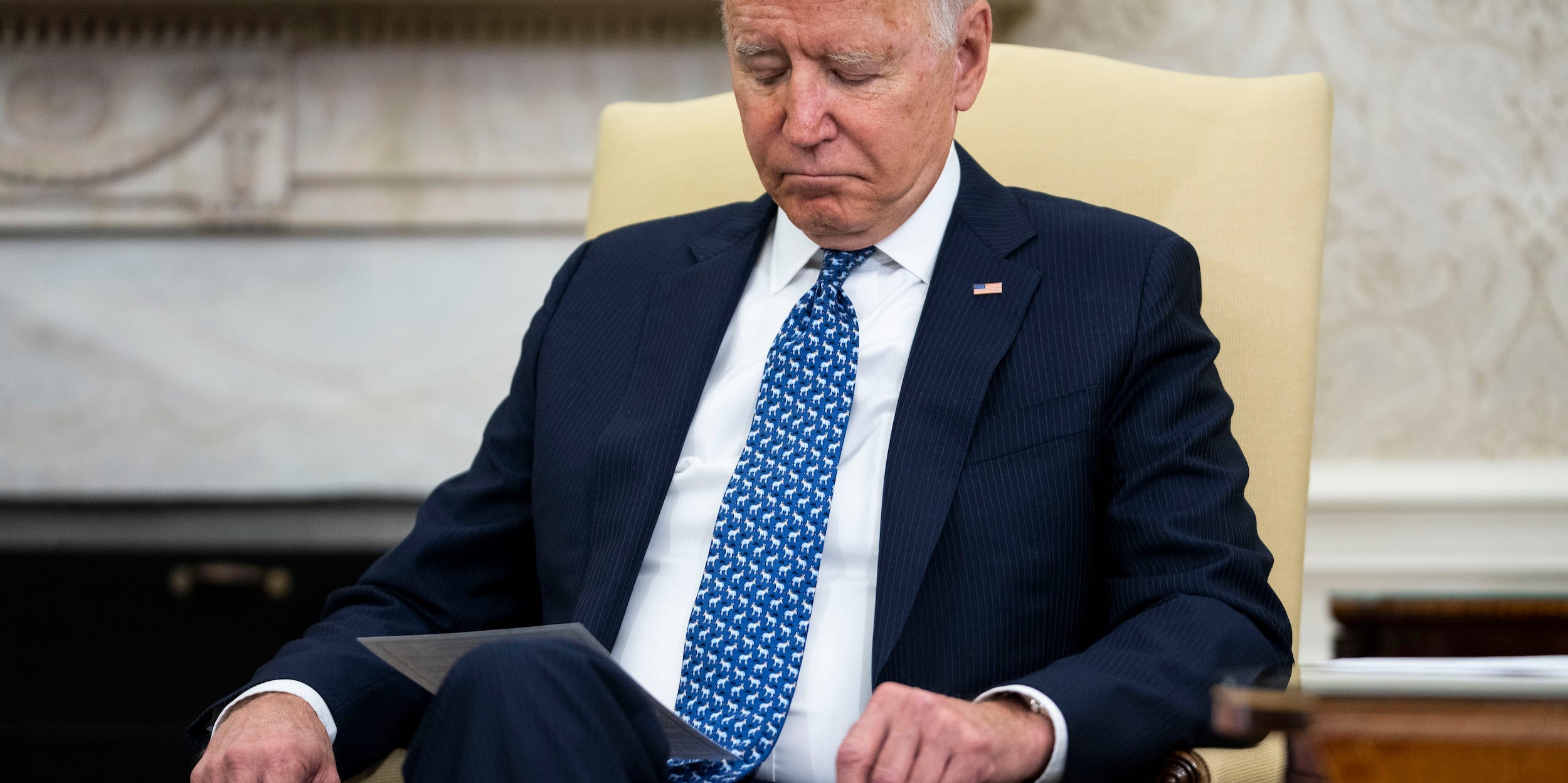 President Joe Biden listens to Ukrainian President Volodymyr Zelensky during a press availability in the Oval Office at the White House on September 01, 2021 in Washington, DC.