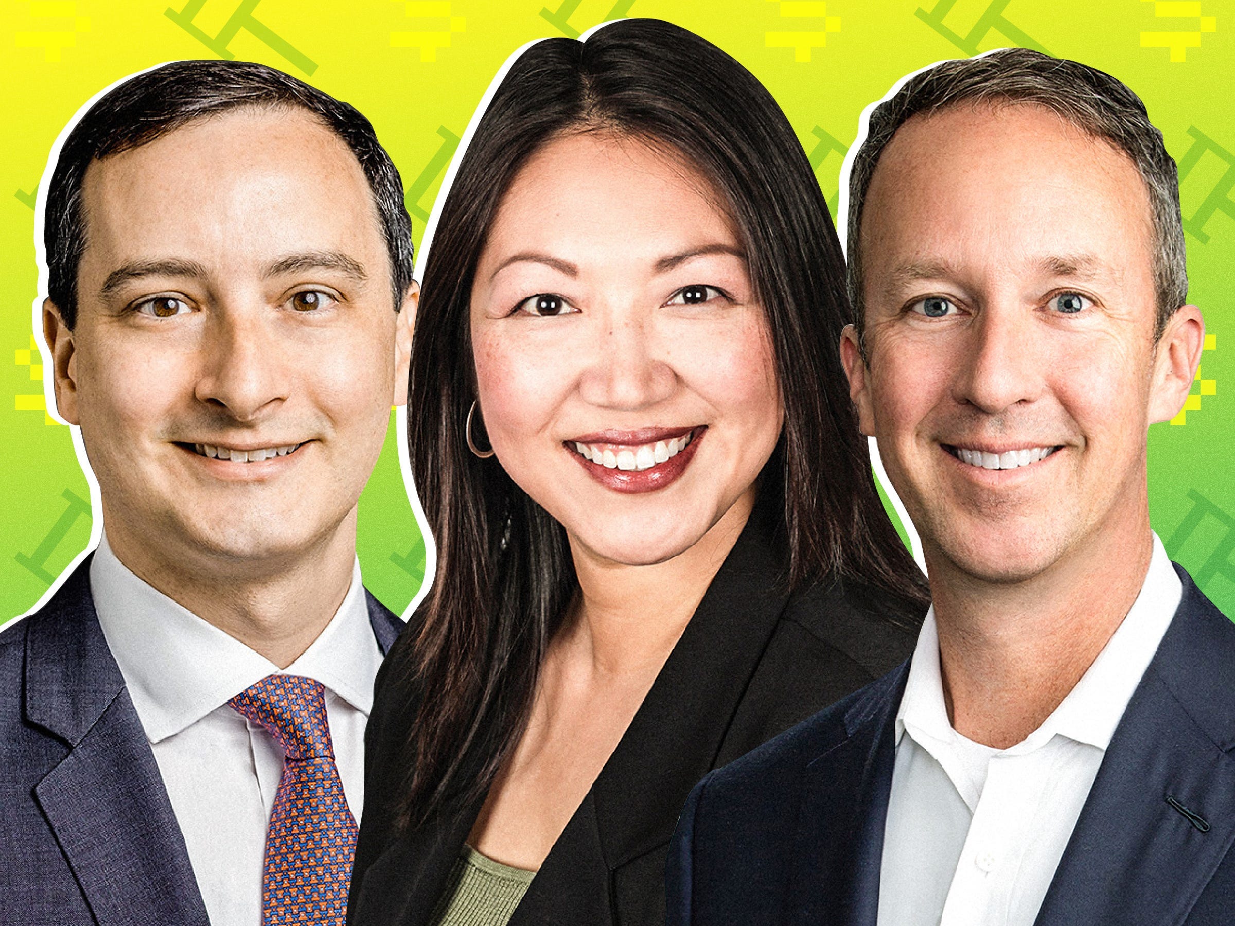 From left: Mark Chorazak, partner at Shearman & Sterling, Mitzi Chang, co-chair of Goodwin's fintech and digital currency practices, and Tad Freese, partner at Latham; Latham & Watkin on a gavel and dollar sign patterned green background