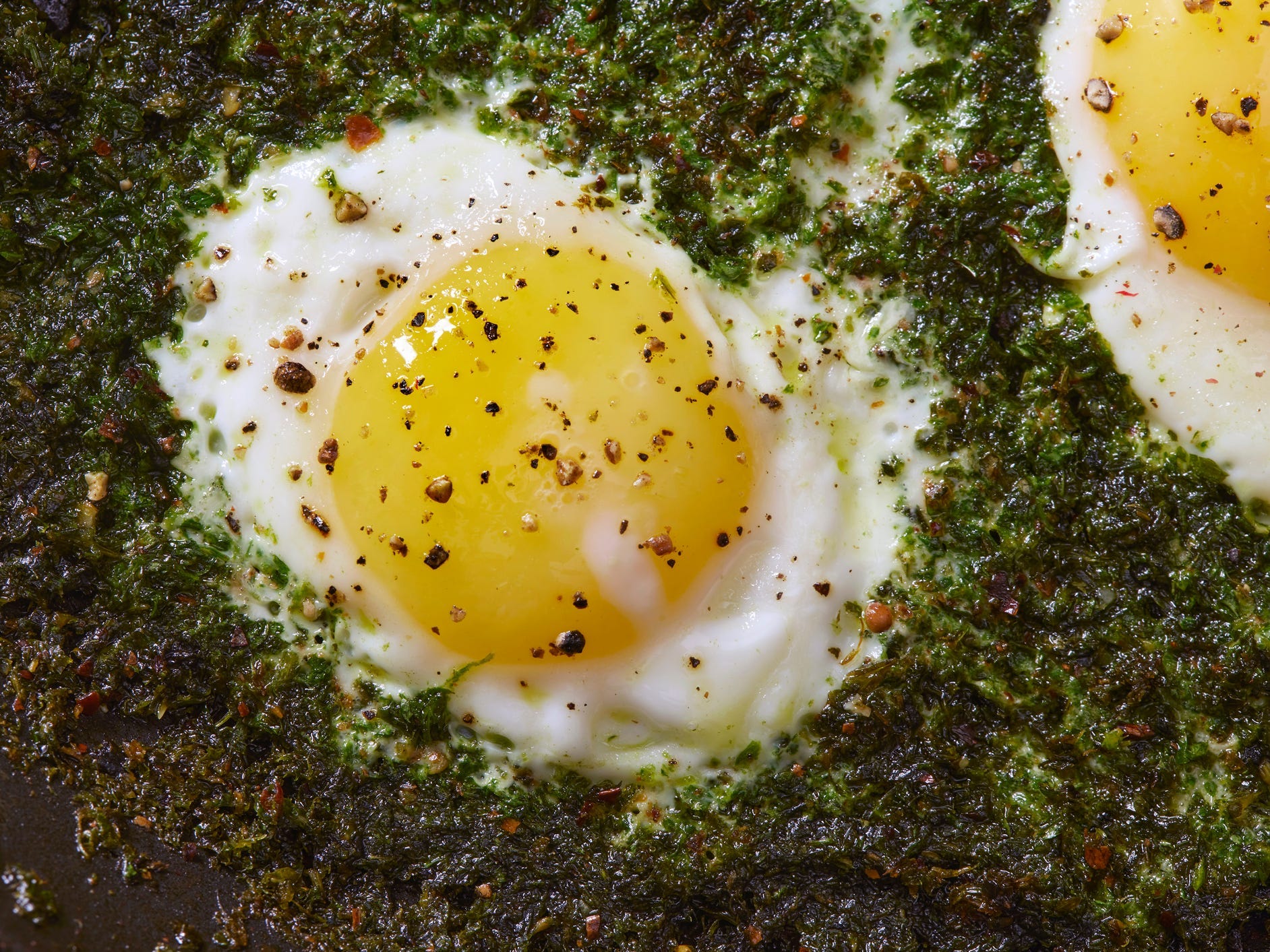 Close up shot of pesto eggs.