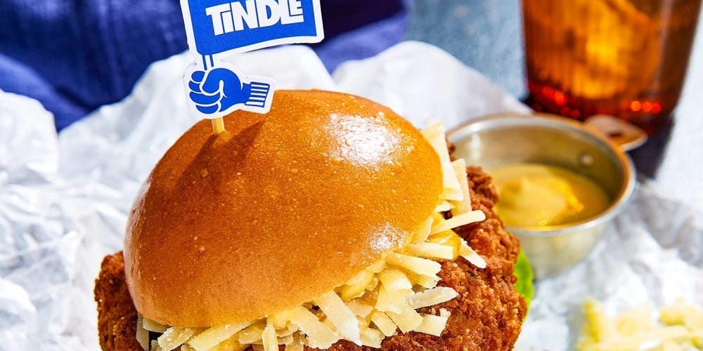 Tindle fake-chicken patty on buns