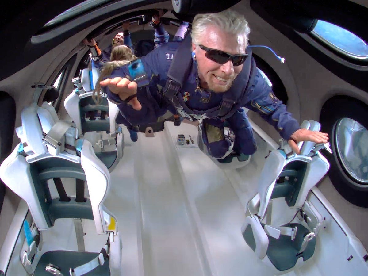 Richard Branson in space aboard a Virgin Galactic rocket plane.