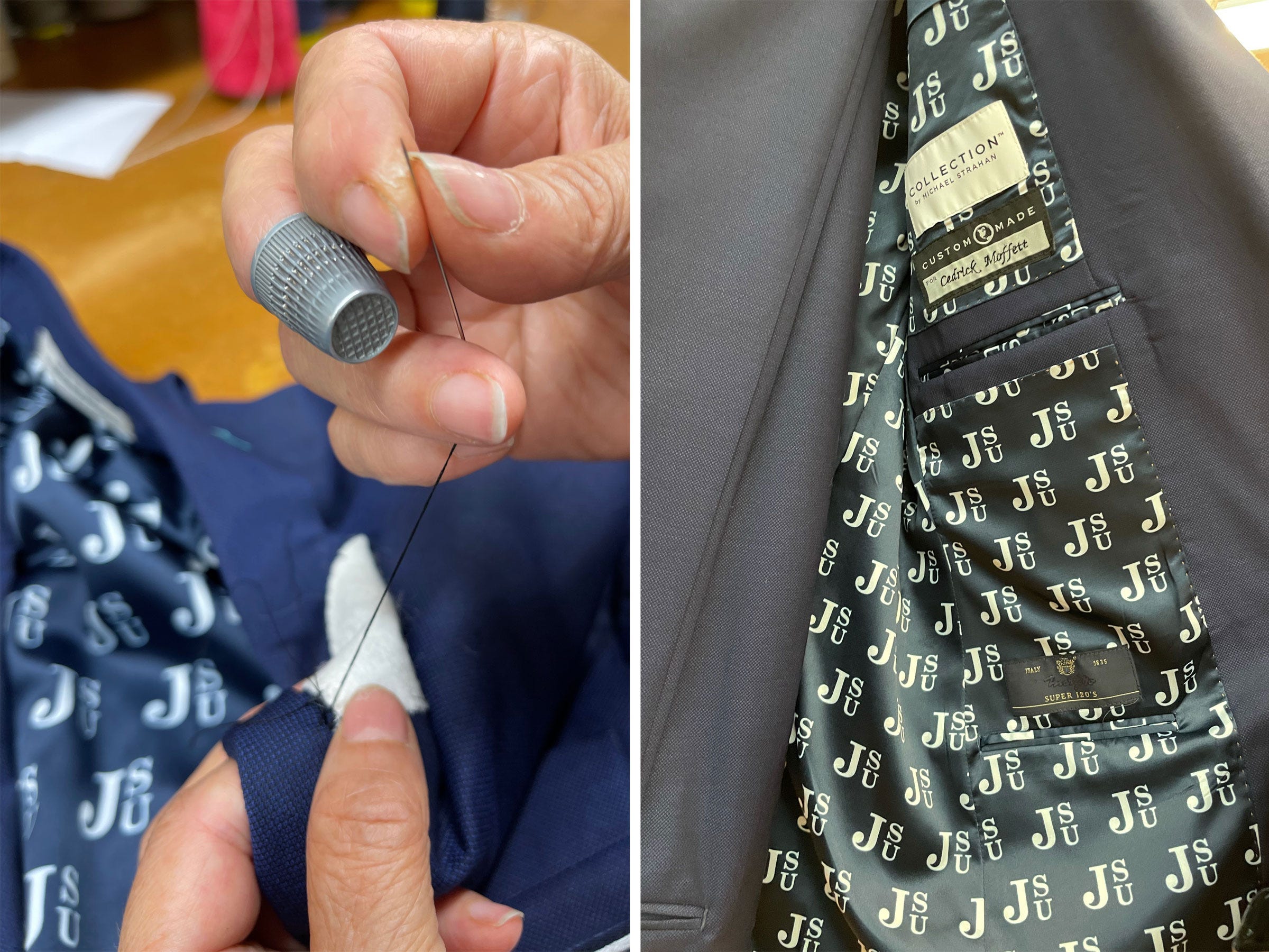 A Men's Wearhouse employee stitches one of the JSU custom player jackets at the brand's factory in New Bedford, Massachusetts.