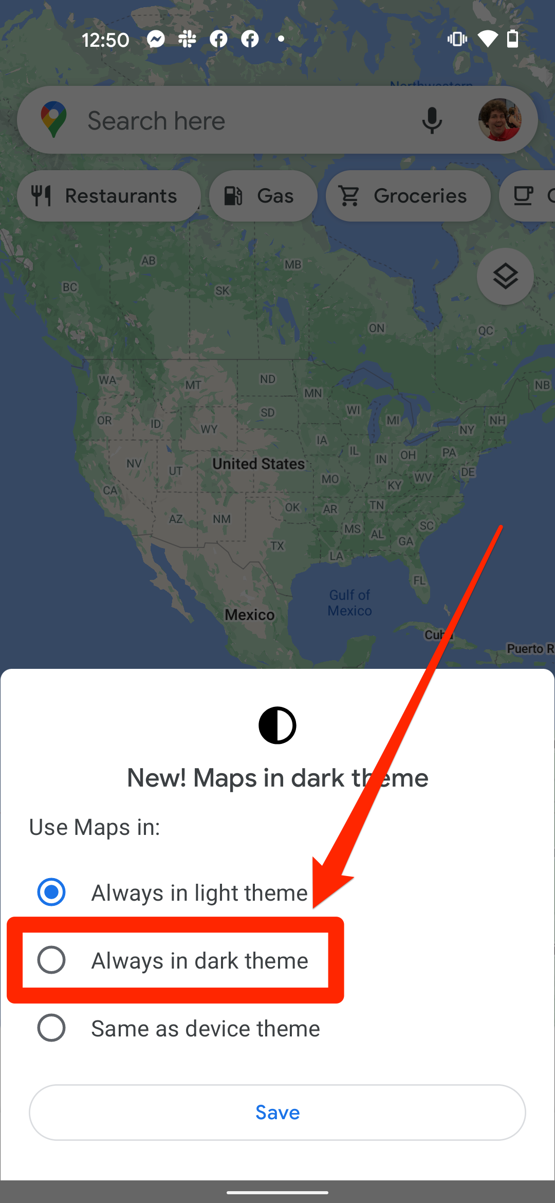 A menu titled "Maps in dark theme" that lets you switch Google Maps to dark mode. The "Always in dark theme" option is highlighted.