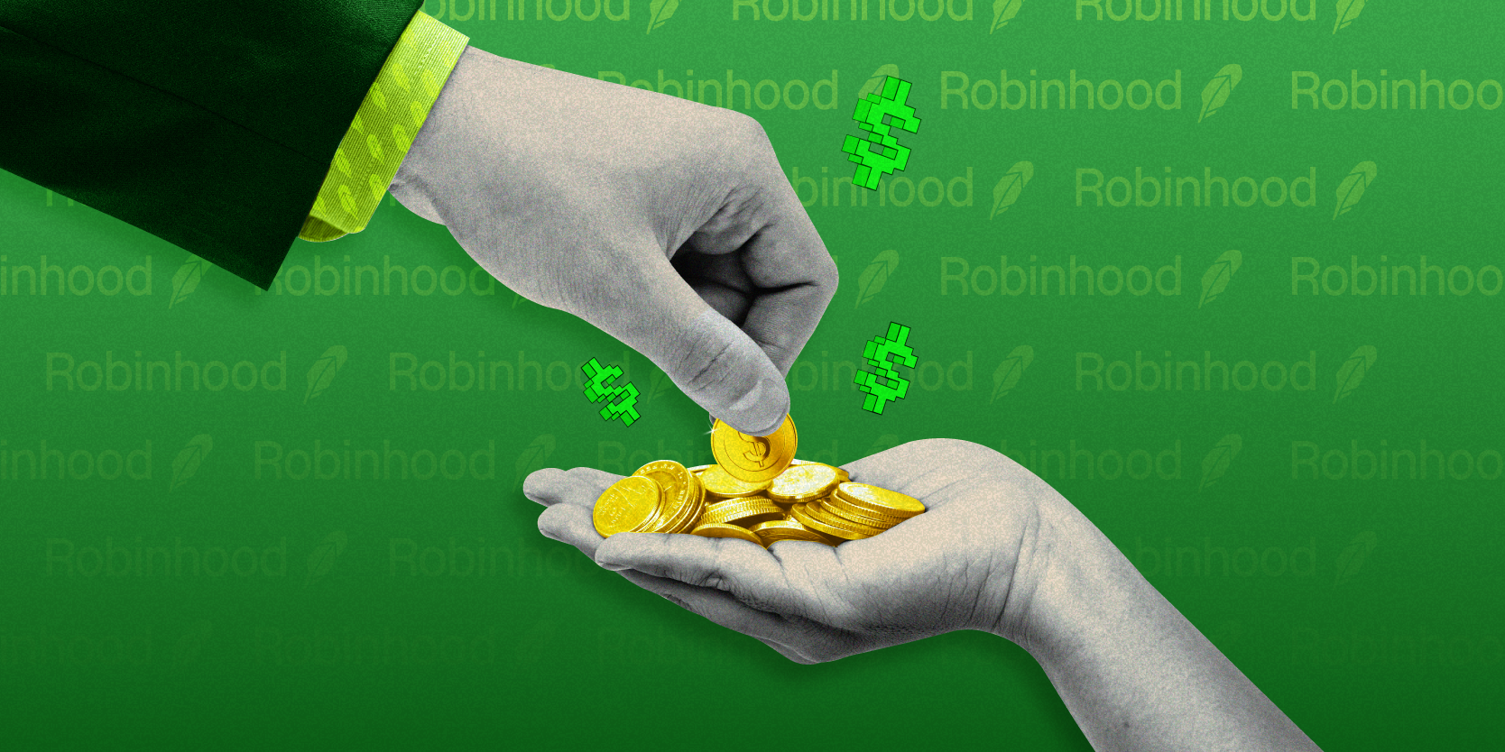 Arm in a green suit, with Robinhood symbols collecting fees from another hand