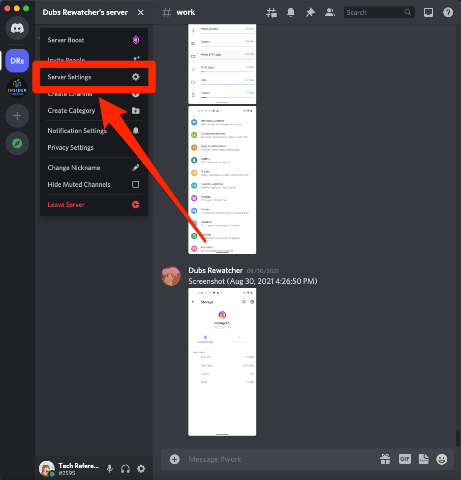 A Discord server, with the Server Settings option highlighted.