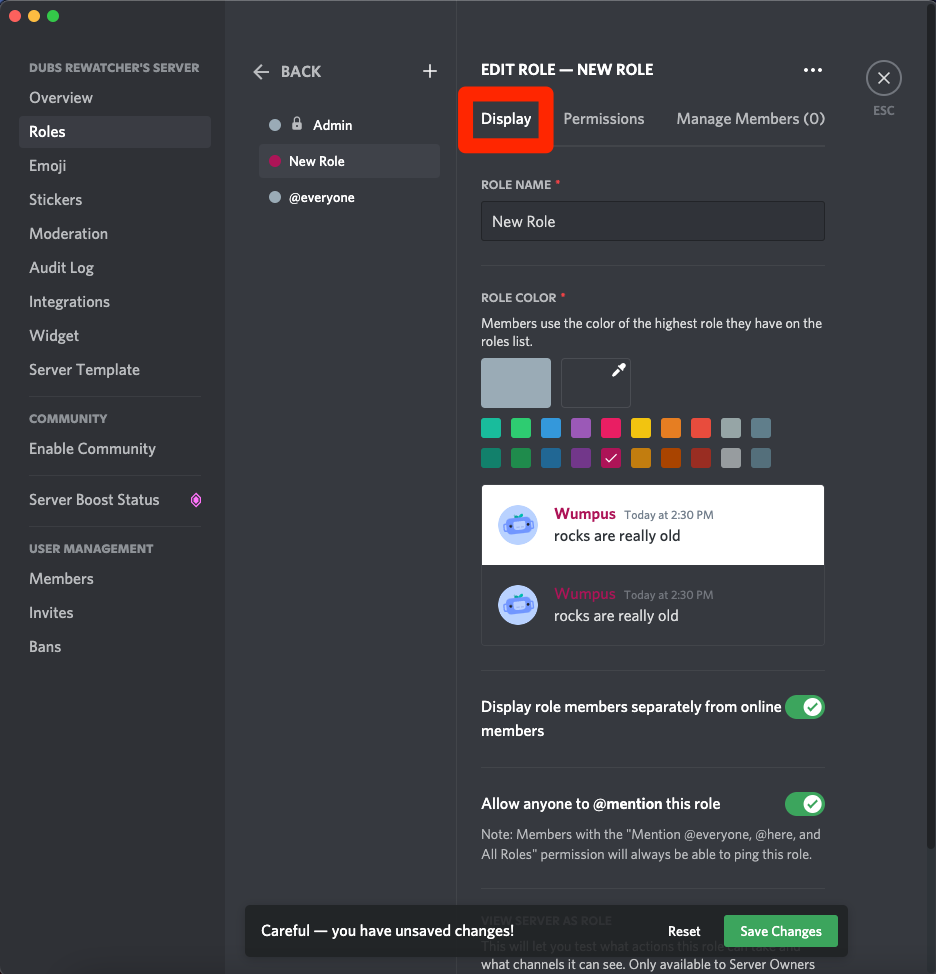 The Display options that appear when you try to create a new role in Discord. This menu lets you pick colors and a name.