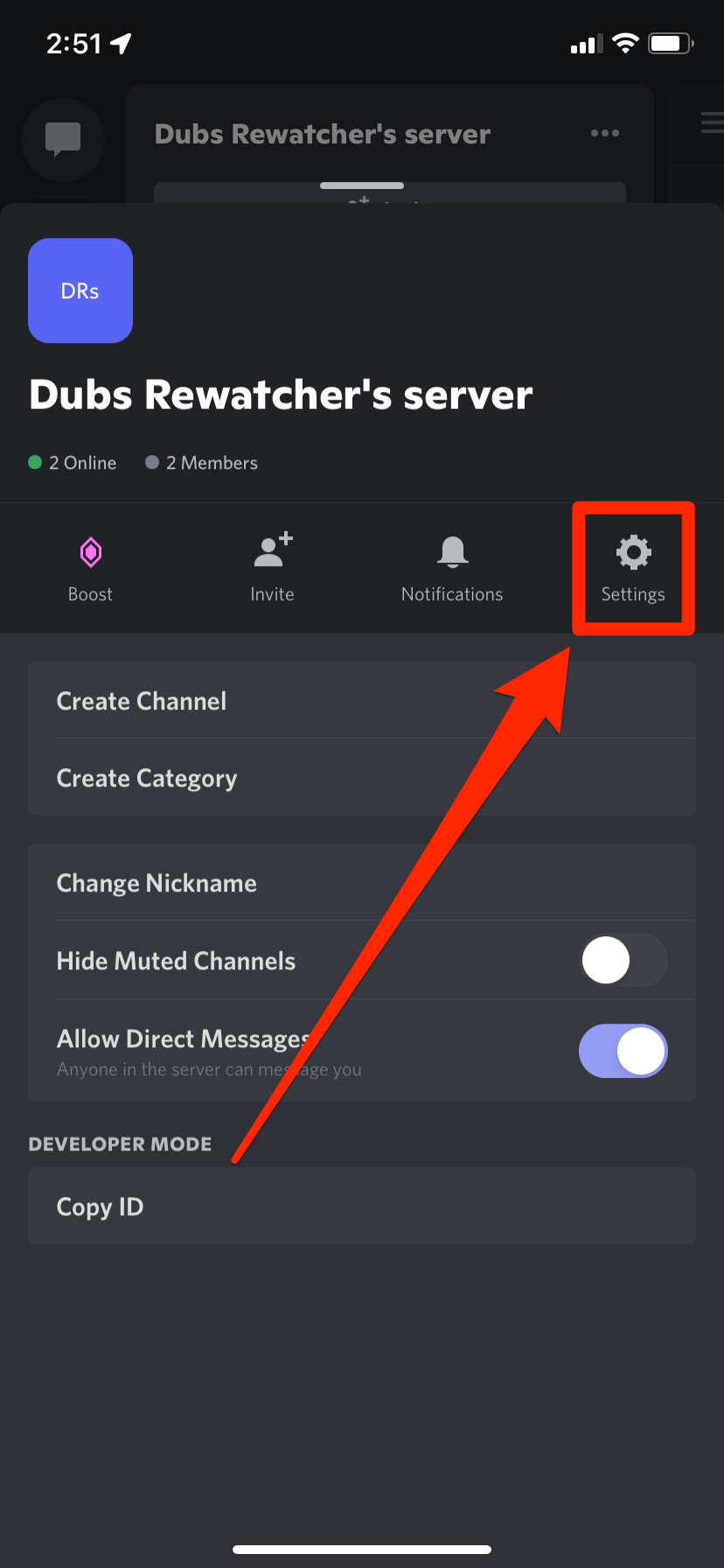 A menu in the Discord iPhone app that lets you quickly edit a server's options, or open the full Settings menu.