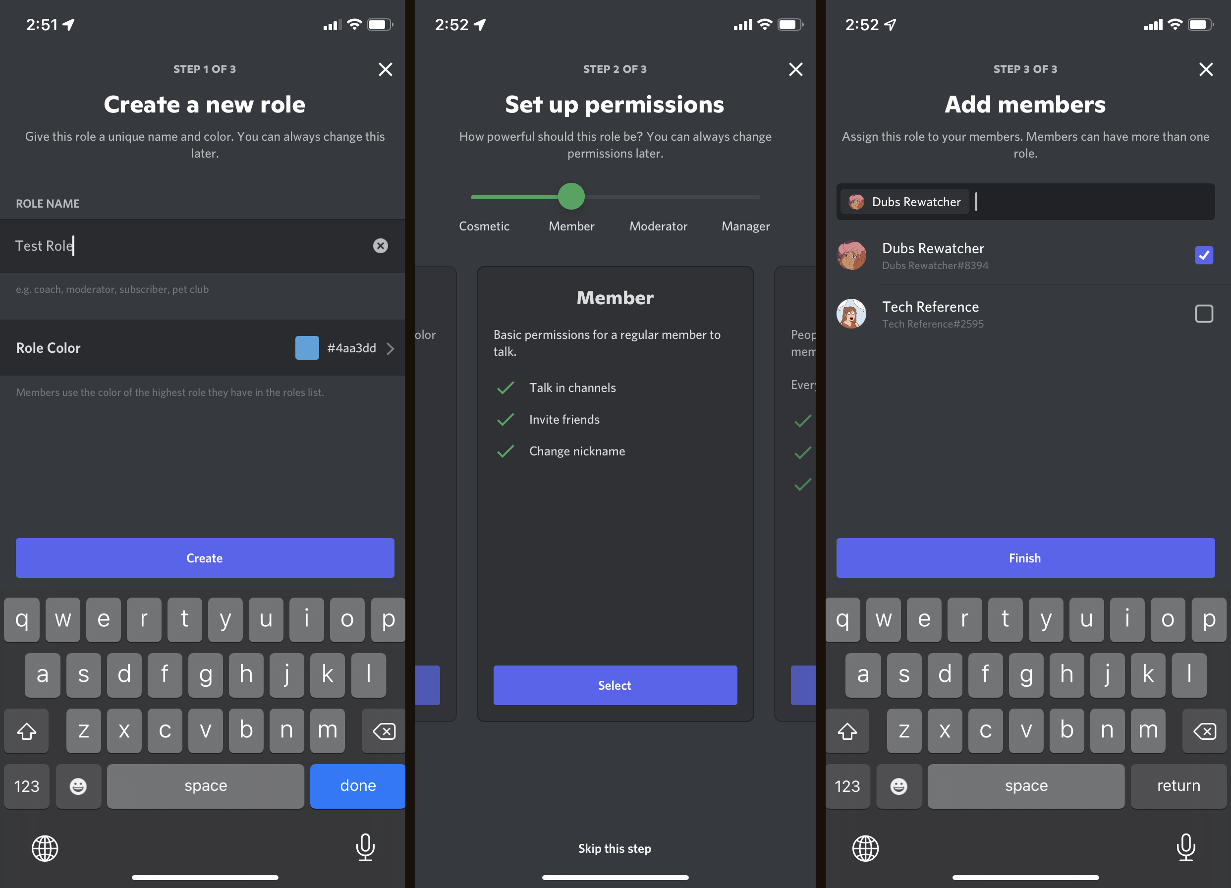 The three pages you have to fill out to add a Discord role on an iPhone. The first page lets you pick a role name and color, the second lets you pick permissions, and the third lets you give people the role right away.