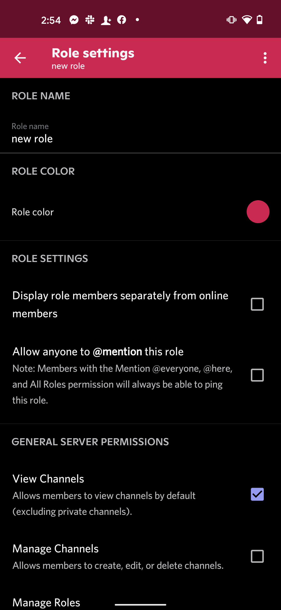 The "Role settings" page on an Android phone, which lets you both name a Discord role and set its permissions.