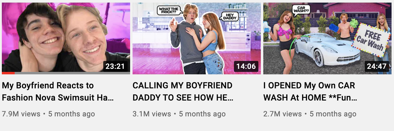 YouTube removed the thumbnail on "My Boyfriend Reacts to Fashion Nova Swimsuit Haul" but left the images on "Calling My Boyfriend Daddy To See How He Reacts" and "I Opened My Own Car Wash At Home."