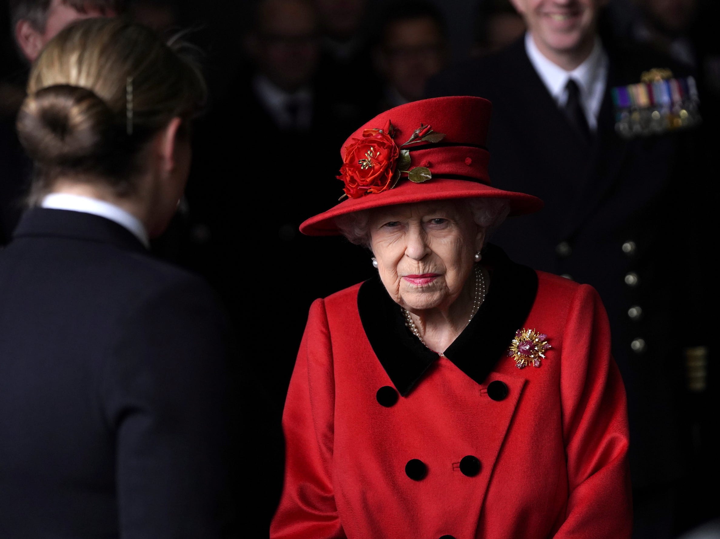 Britain's Queen Elizabeth visits Royal Navy aircraft carrier HMS Queen Elizabeth at HM Naval Base in Portsmouth, Britain May 22, 2021.