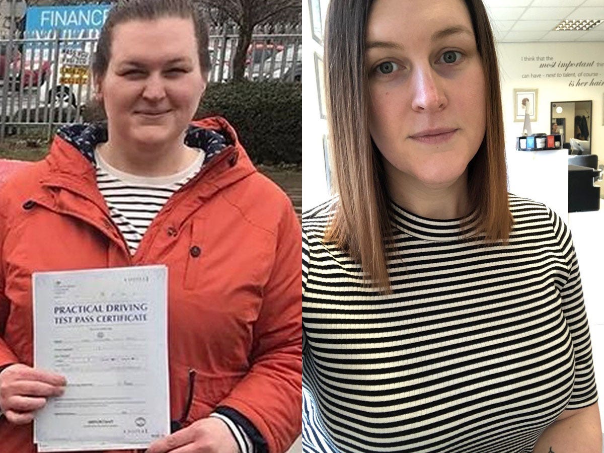 On the left, the writer in a red coat, holding a paper. On the right, a selfie of the writer wearing a striped shirt