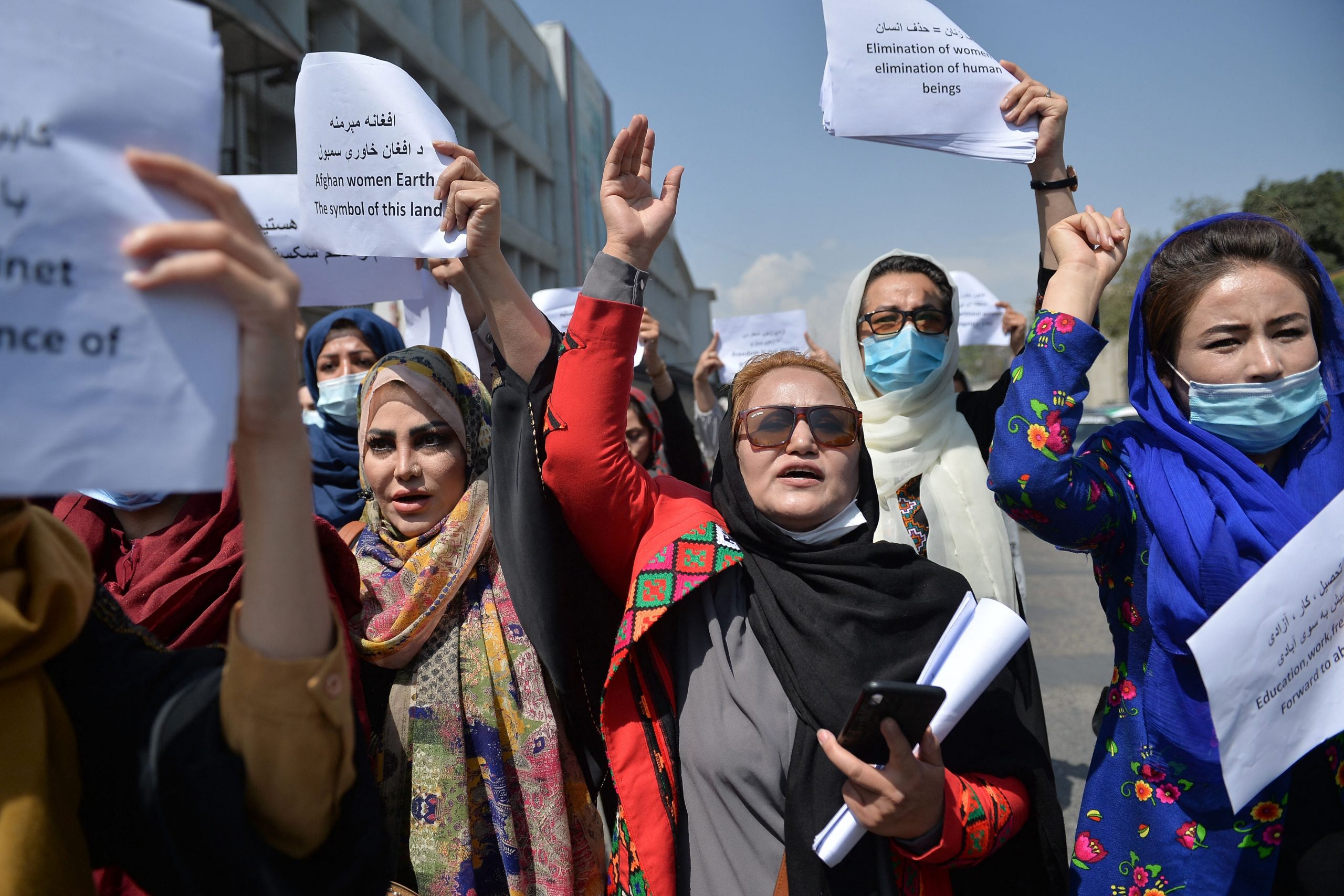 Afghan women take part in a protest march for their rights under the Taliban rule in the downtown area of Kabul on September 3, 2021. (