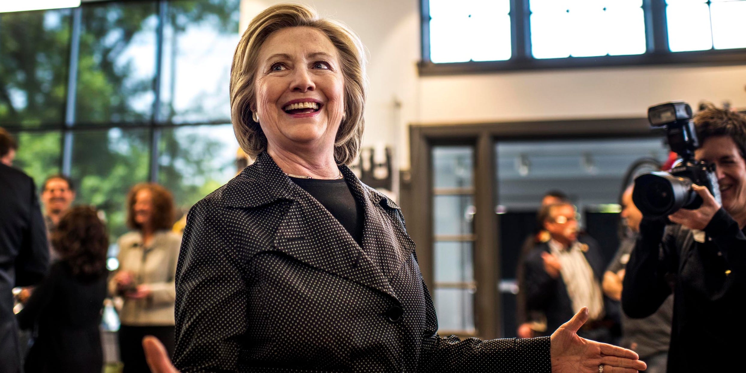 Former Secretary of State Hillary Clinton speaks to reporters after meeting with members of the small business community in a roundtable discussion at Bike Tech in Cedar Falls, Iowa, Tuesday, May 19, 2015.