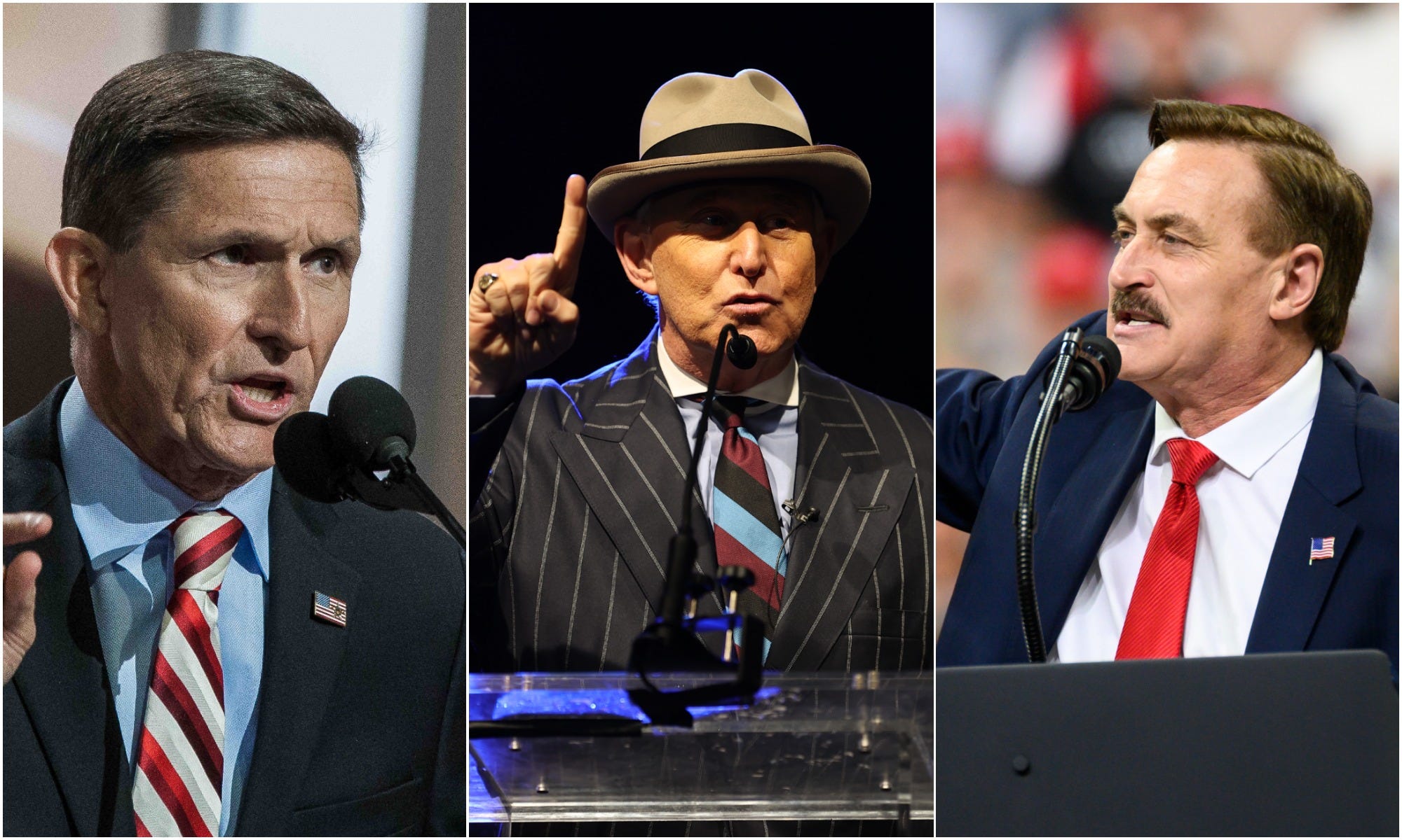 Michael Flynn (L), Roger stone (center), Mike Lindell (R), have all been billed to speak on the “ReAwaken America” tour.