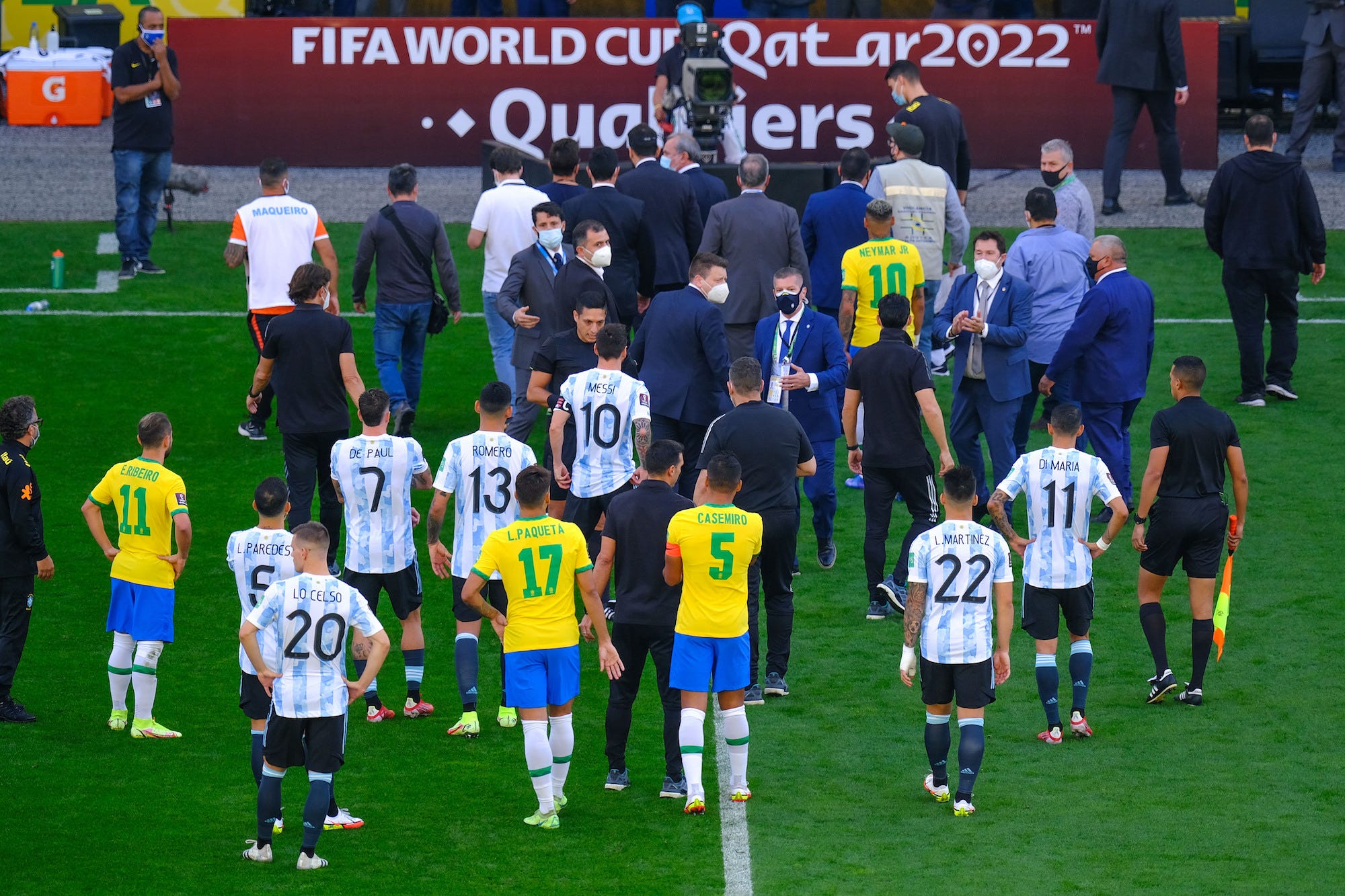 Players leave the area after the World Cup Qualifier game between Brazil and Argentina at Arena Corinthians on September 05, 2021 in Sao Paulo, Brazil. The World Cup Qualifier game between Brazil and Argentina has been suspended due to health reasons on Sunday. Brazilian Health Authorities storm field to deport 4 Premier League players accused of not complying with coronavirus rules