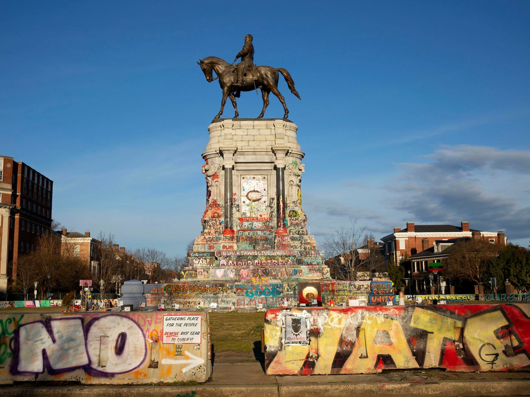 Streets are closed around the Robert E. Lee statue ahead of expected protests in Richmond, Virginia on January 17, 2021.