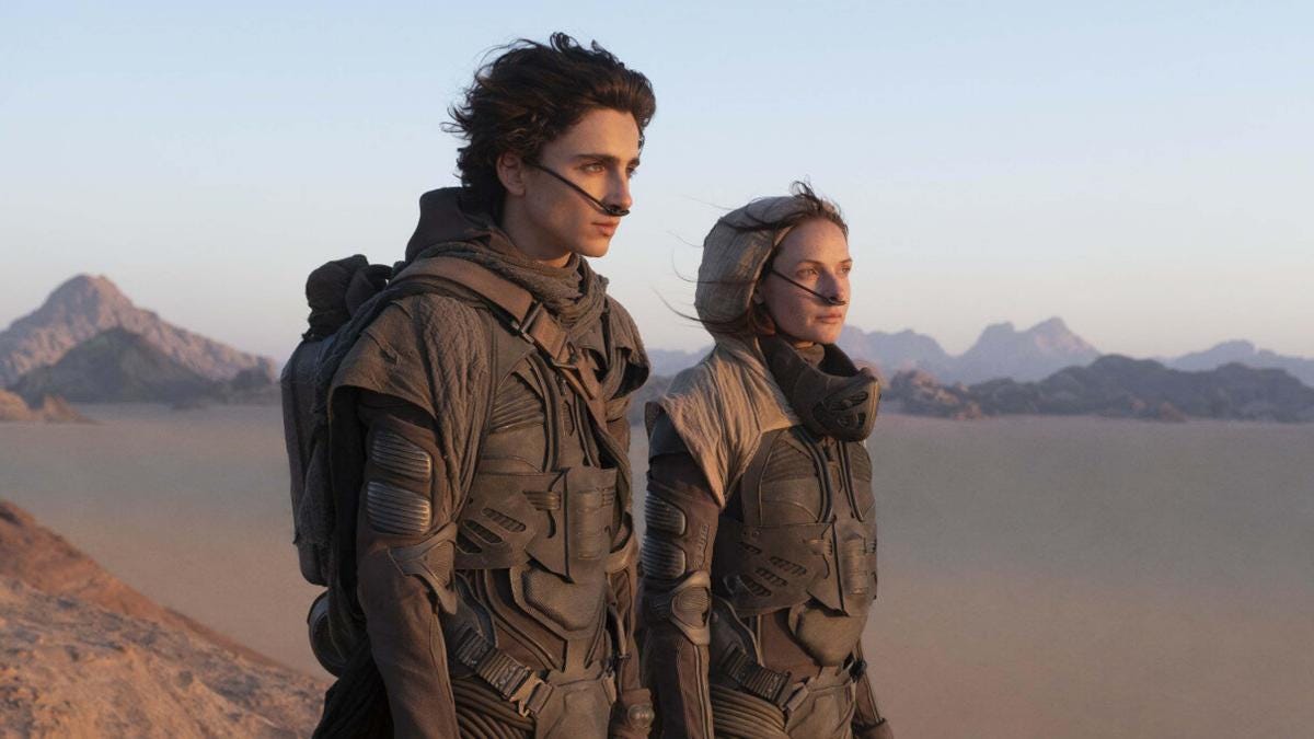 A picture of Timothée Chalamet and Rebecca Ferguson in "Dune."