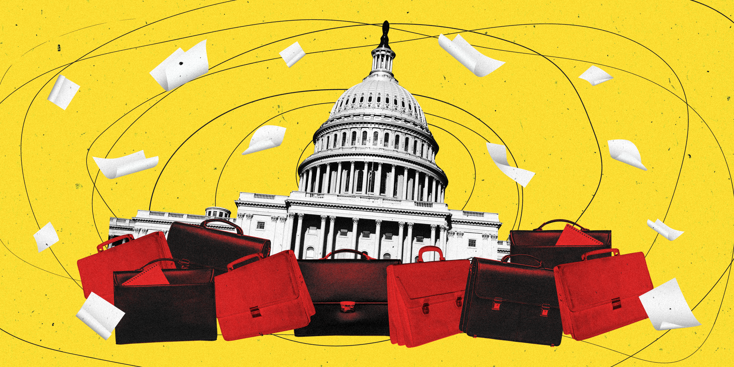 The Capitol Building tipping over with briefcases scattered in front of it. Papers are up in the air and a thin-lined black spiral is behind the building on a yellow background.
