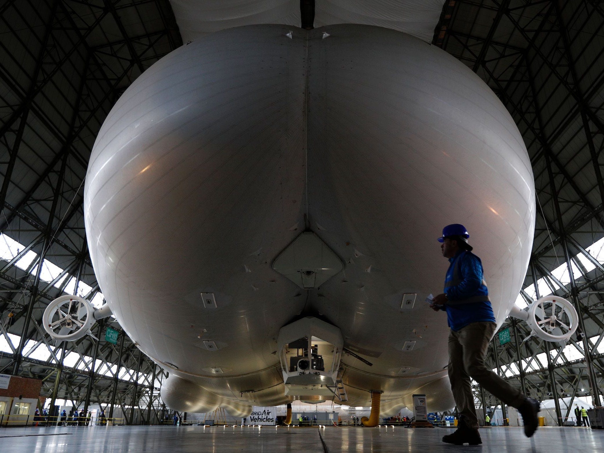 the exterior of the Airlander 10 in a hangar