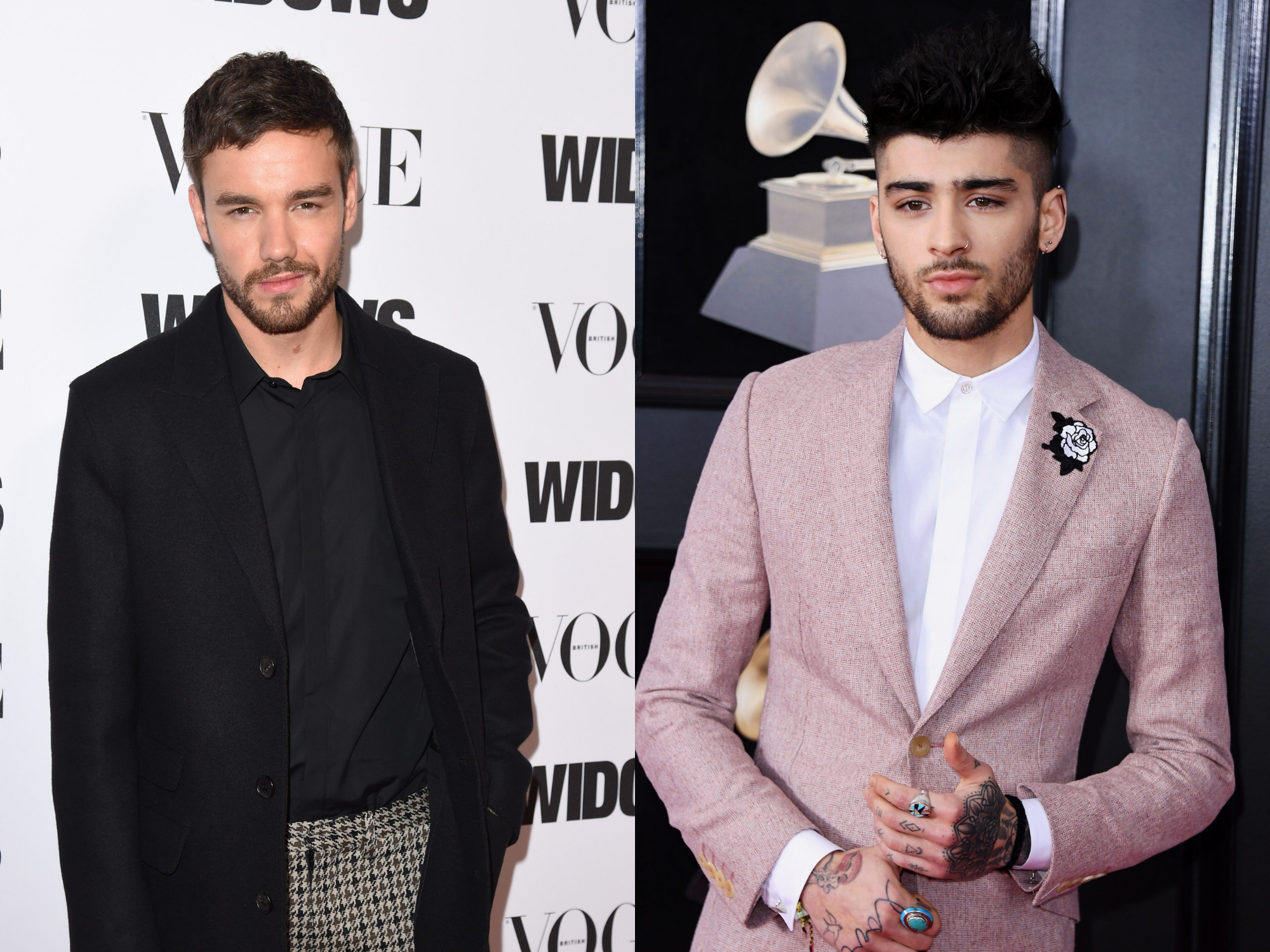 left: liam payne wearing a black shirt and jacket in front of a white background with the word "vogue" printed on it; right: zayn malik wearing a pink suit with a grammys logo behind him