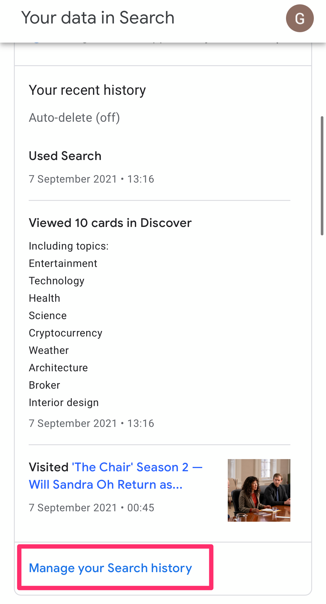 Screenshot of "Manage search history" button on Google mobile site