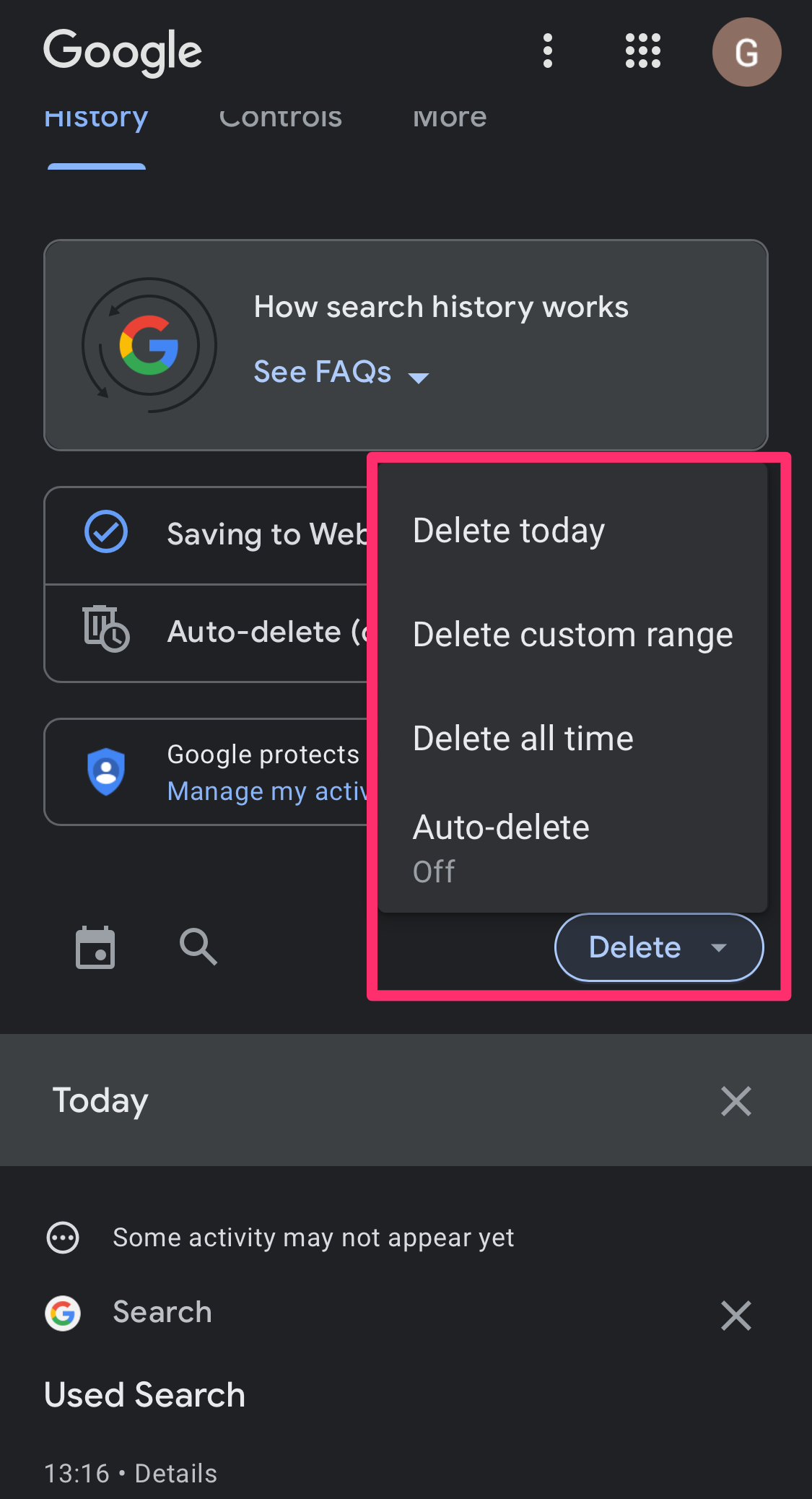 Screenshot of option to delete all search history on Google Account