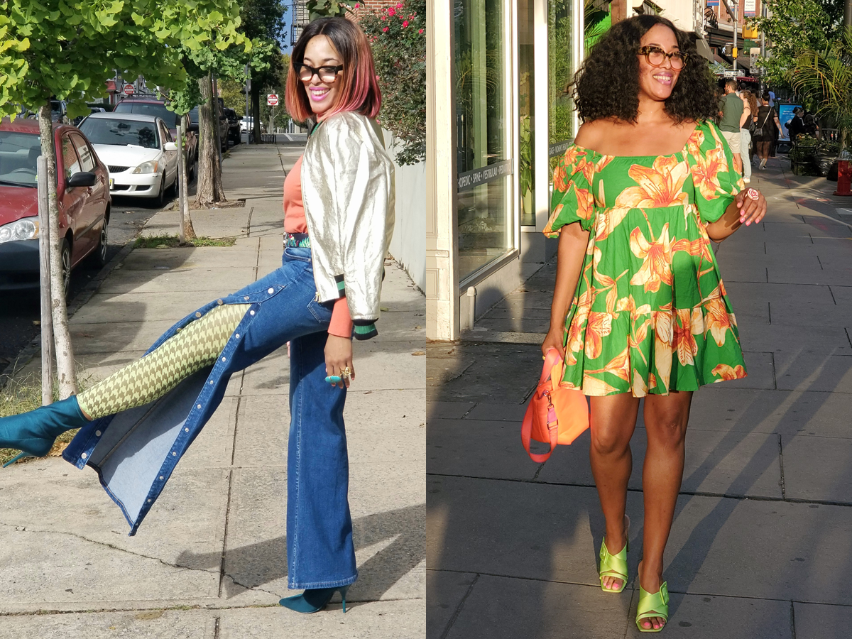 (left) celebrity stylist in snap-up flared demin with patterned leggings under and teal heels (right) celeb stylist in patterned dress with green heels