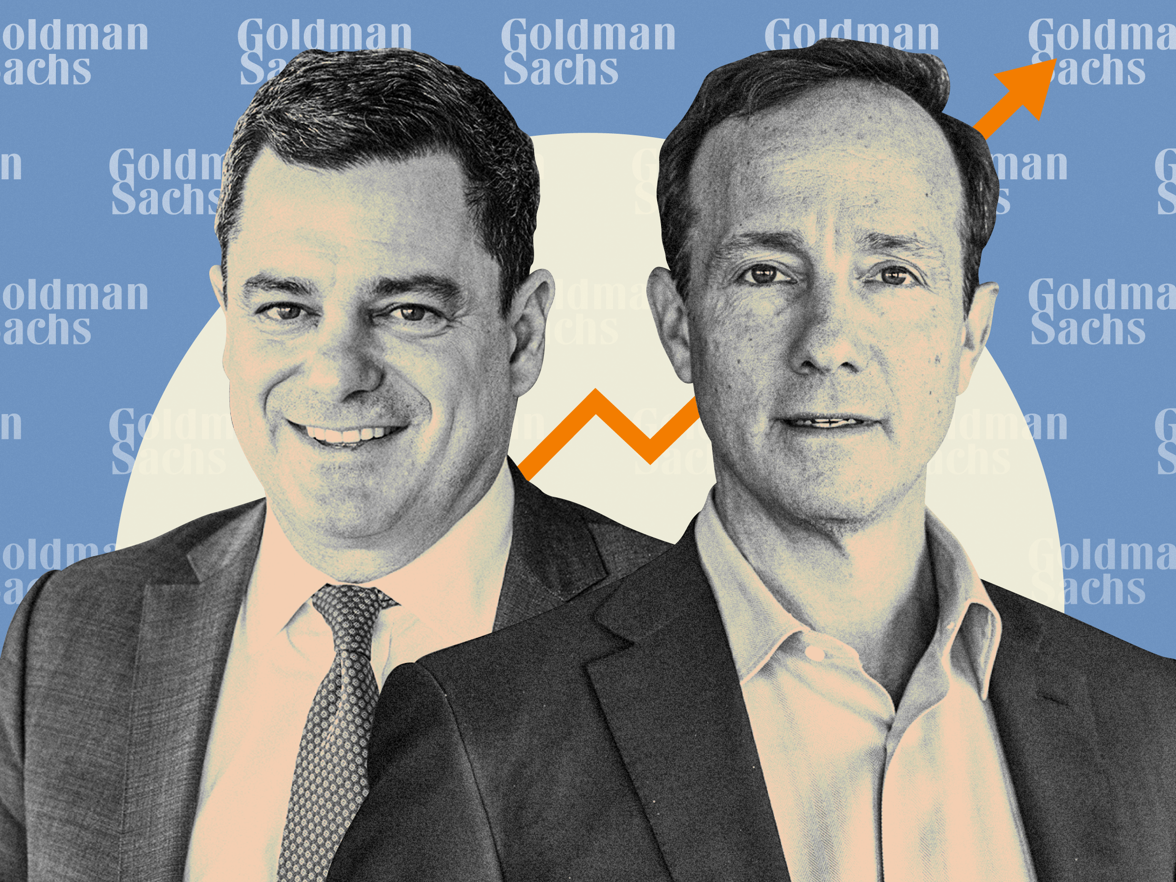 Goldman Sachs' global co-heads of investment banking, Jim Esposito and Dan Dees with an orange up-trending arrow and Goldman Sachs arrows patterned behind them on a blue background