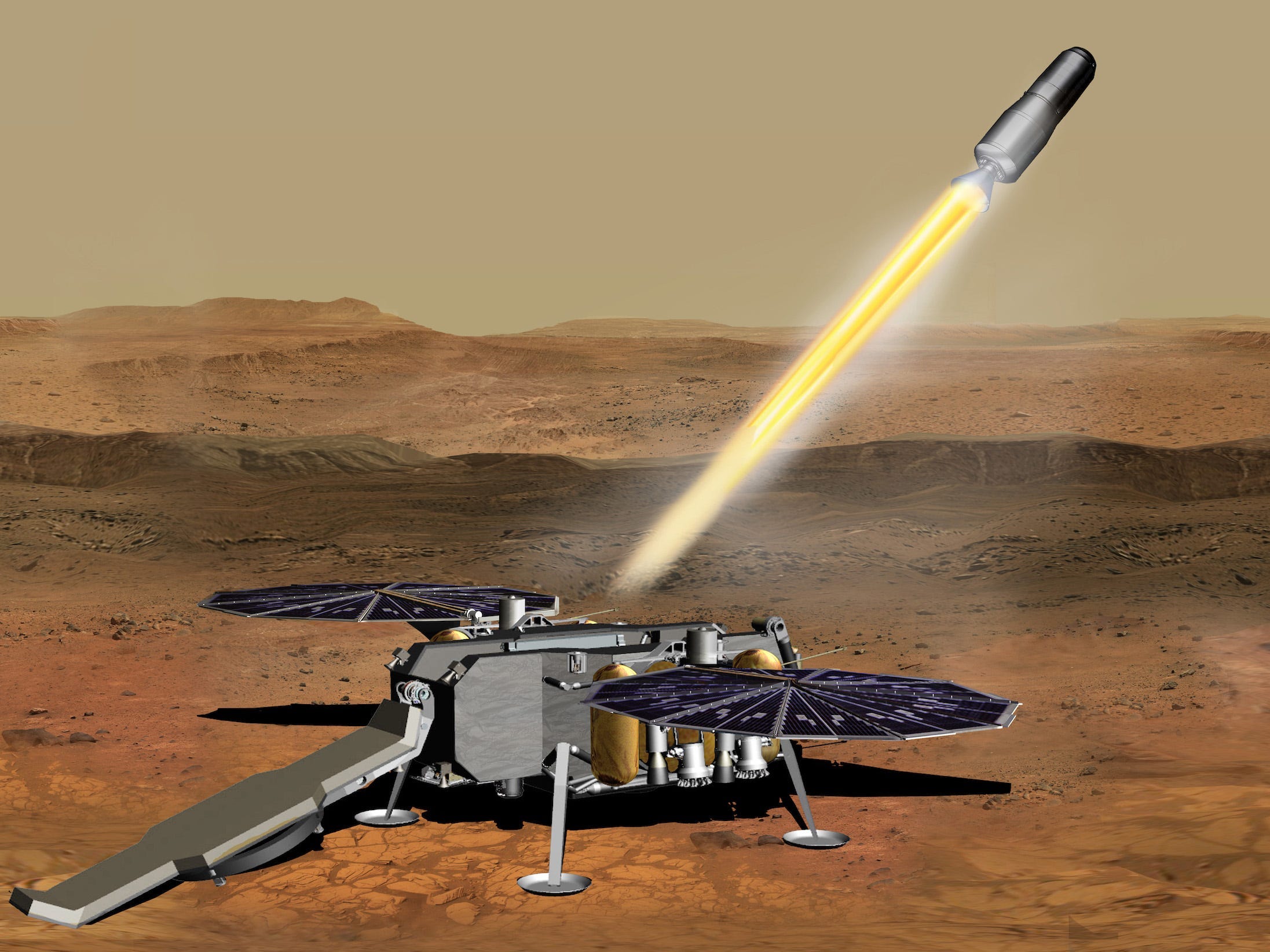 illustration of mini rocket launching from mars lander