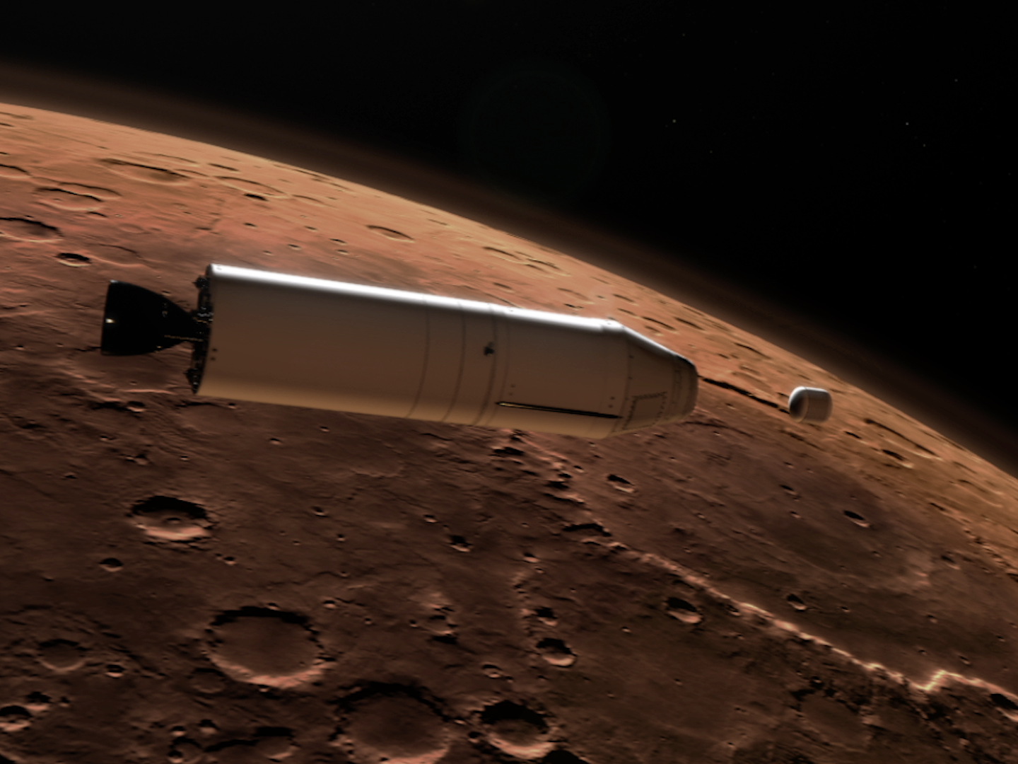 illustration of mars sample return mission shows mini rocket releasing small container into mars orbit