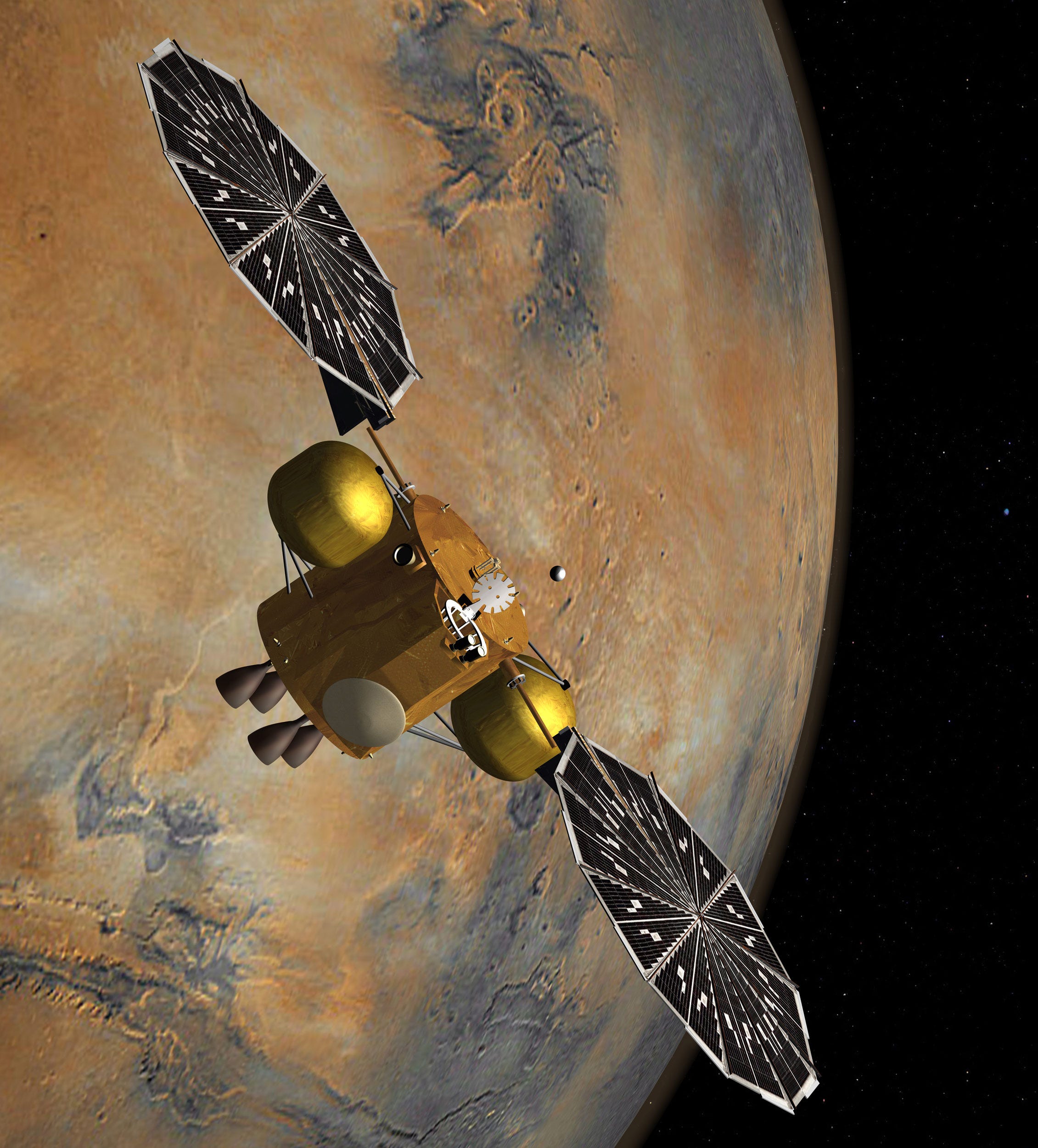 illustration mars orbiting spacecraft capturing small sample container