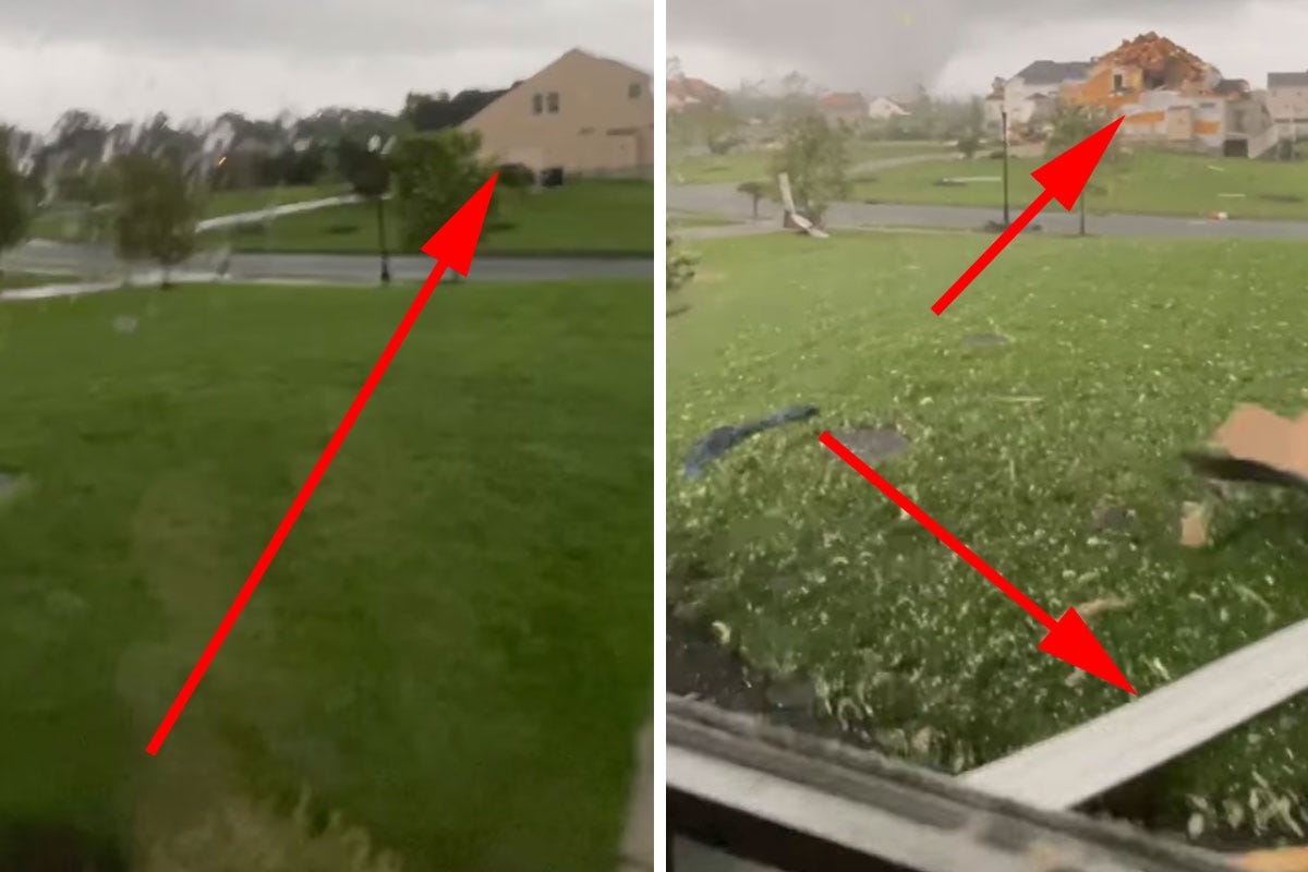 side by side photos pointing out damage done after tornado hit mullica hill, nj