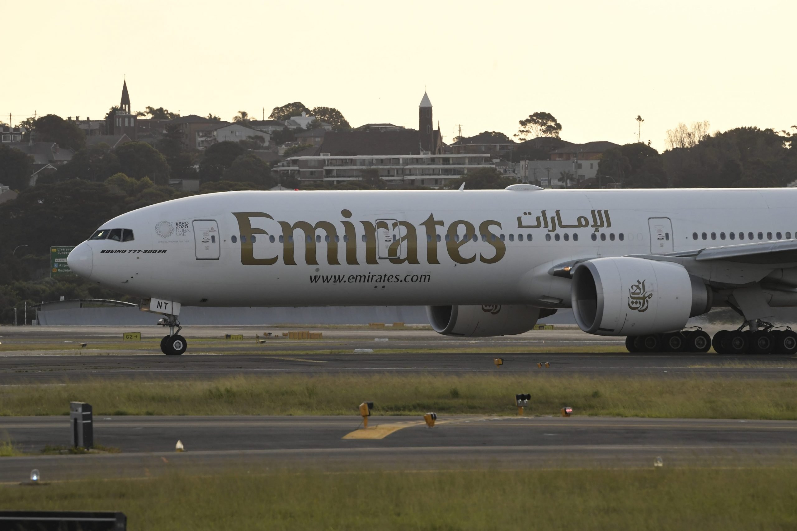 An Emirates airline Boeing 777 at Sydney's International Airport on May 01, 2021 in Sydney, Australia.