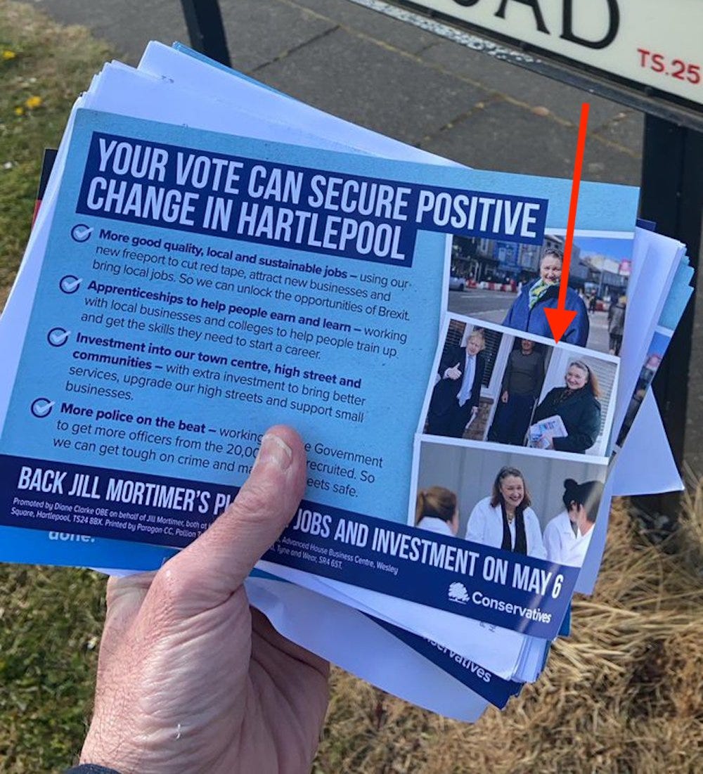 A Conservative by-election leaflet featuring a photograph of Boris Johnson's April 1 visit