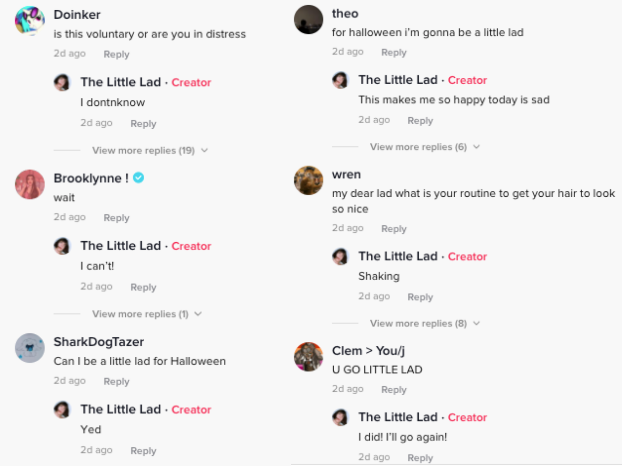 comment replies from the @thereallittlelad TikTok account answering questions about whether the account's actions are voluntary and whether or not people can dress as him for halloween. the comments feature several typos