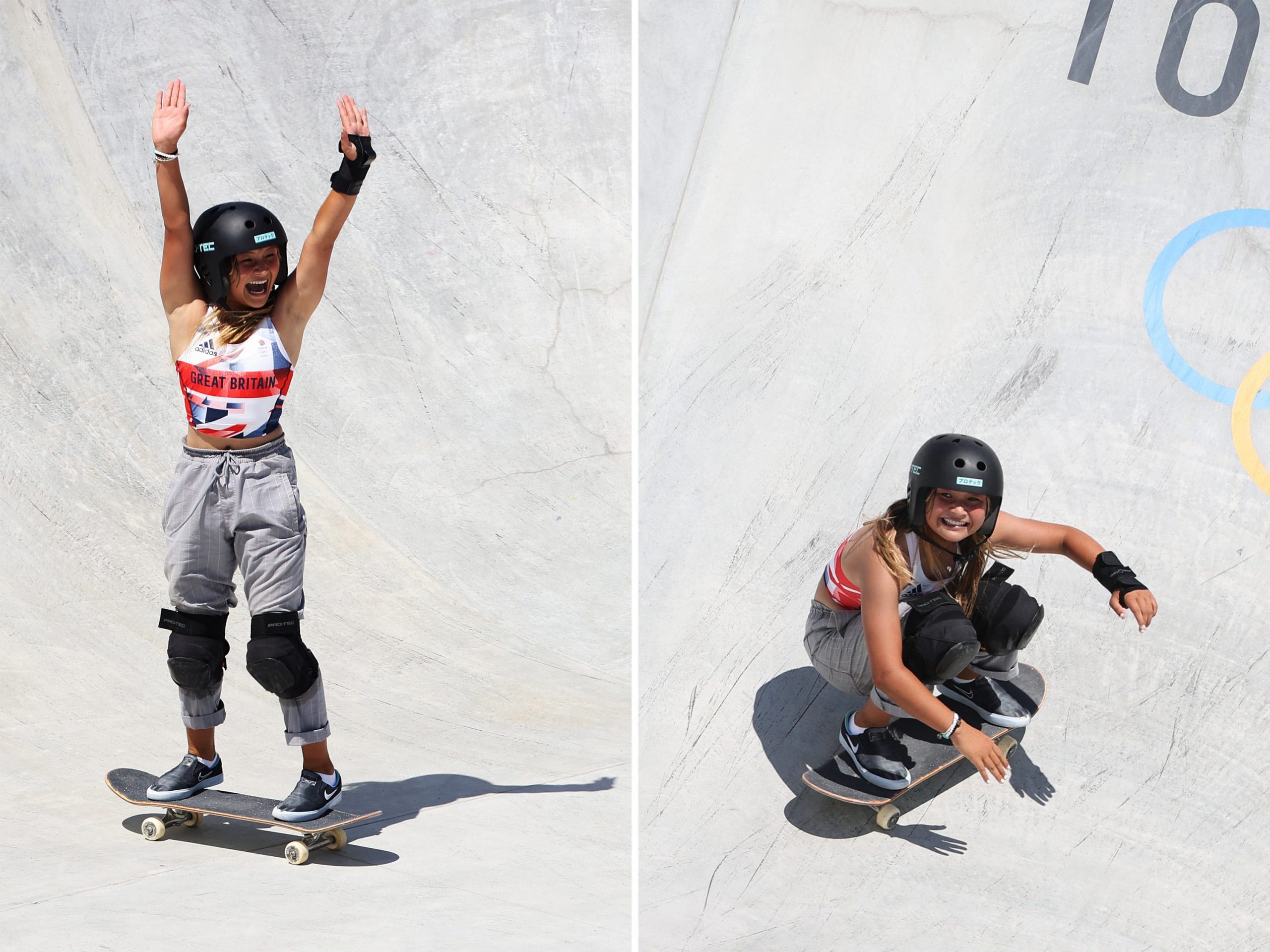 Sky reacts to landing tricks at the Olympics: arms up on the left and crouched and smiling on the right