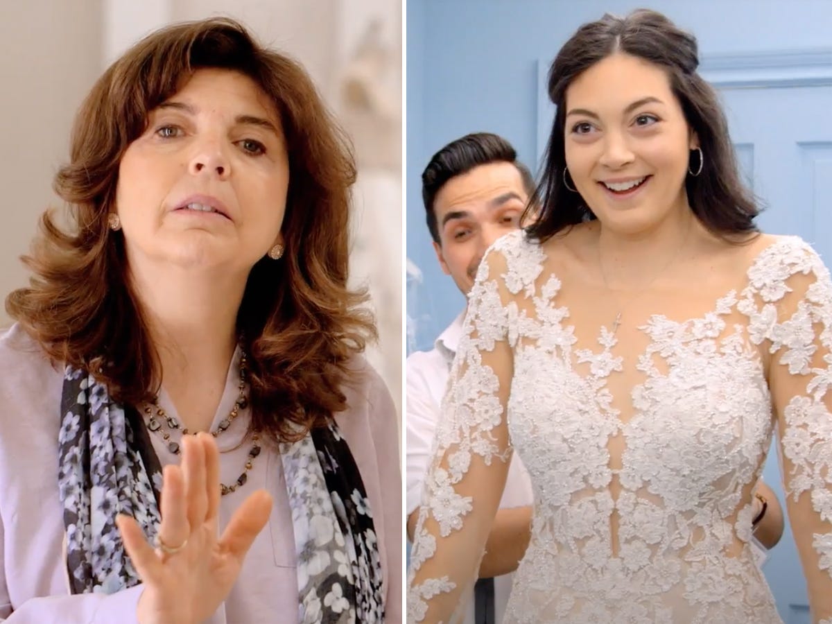 A side by side of a woman with brown hair gesturing and a different woman trying on a wedding dress.