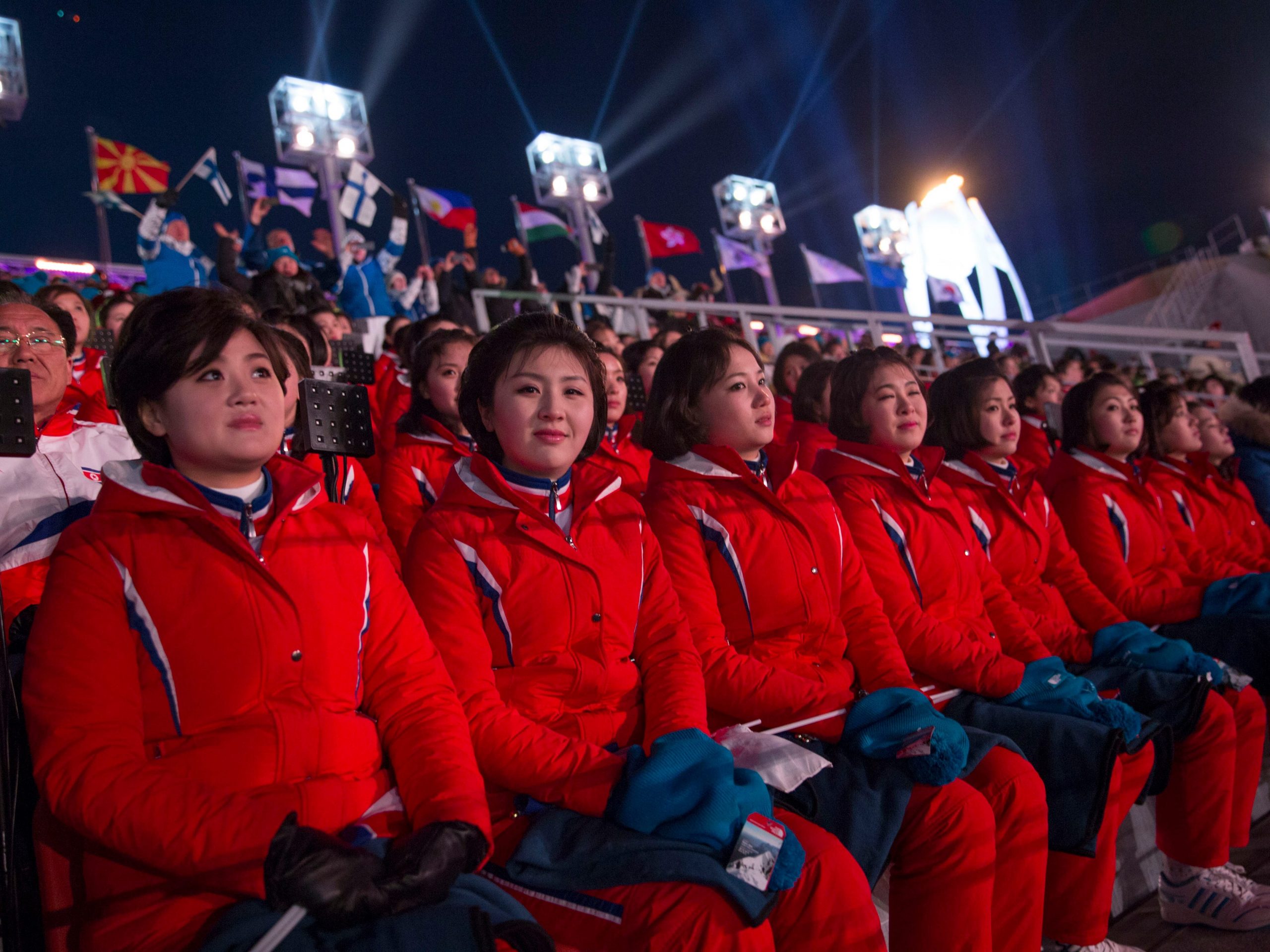 Spectators from the Democratic People's Republic of Korea at the 2018 Winter Olympic Games Closing Ceremony at Pyeongchang Olympic Stadium on February 25, 2018, in Pyeongchang, South Korea