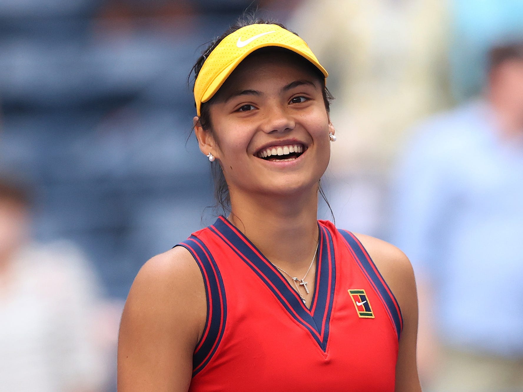 Emma Raducanu of the United Kingdom celebrates after defeating Shelby Rogers of the United States during her Women’s Singles round of 16 match on Day Eight of the 2021 US Open at the USTA Billie Jean King National Tennis Center