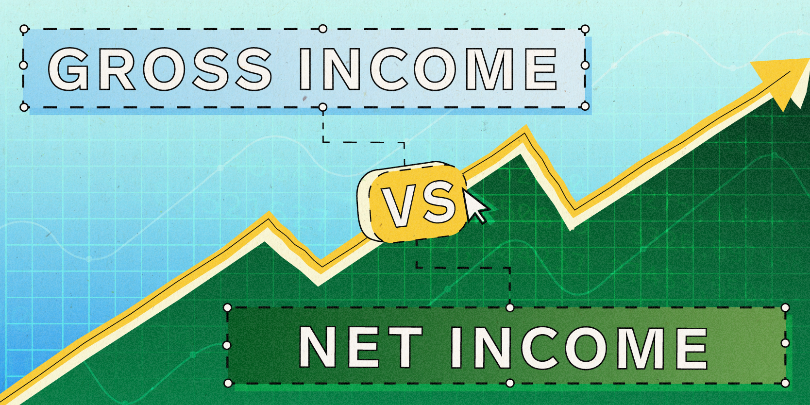 Gross income vs Net Income, divided by an upwards trending arrow on investing themed background