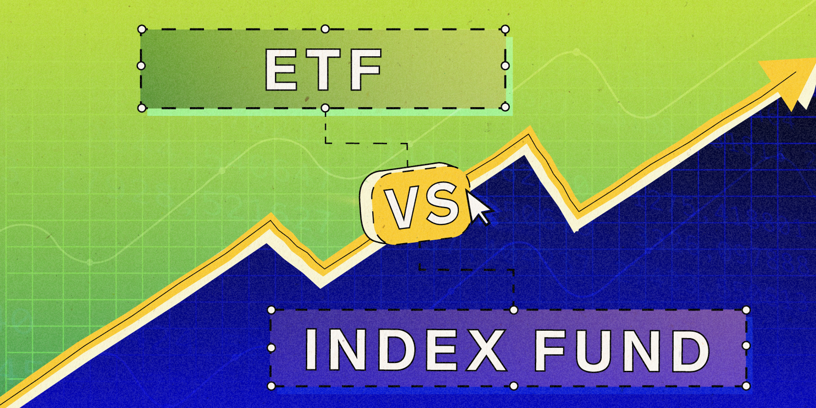 etf vs index fund, divided by an upwards trending arrow on investing themed background