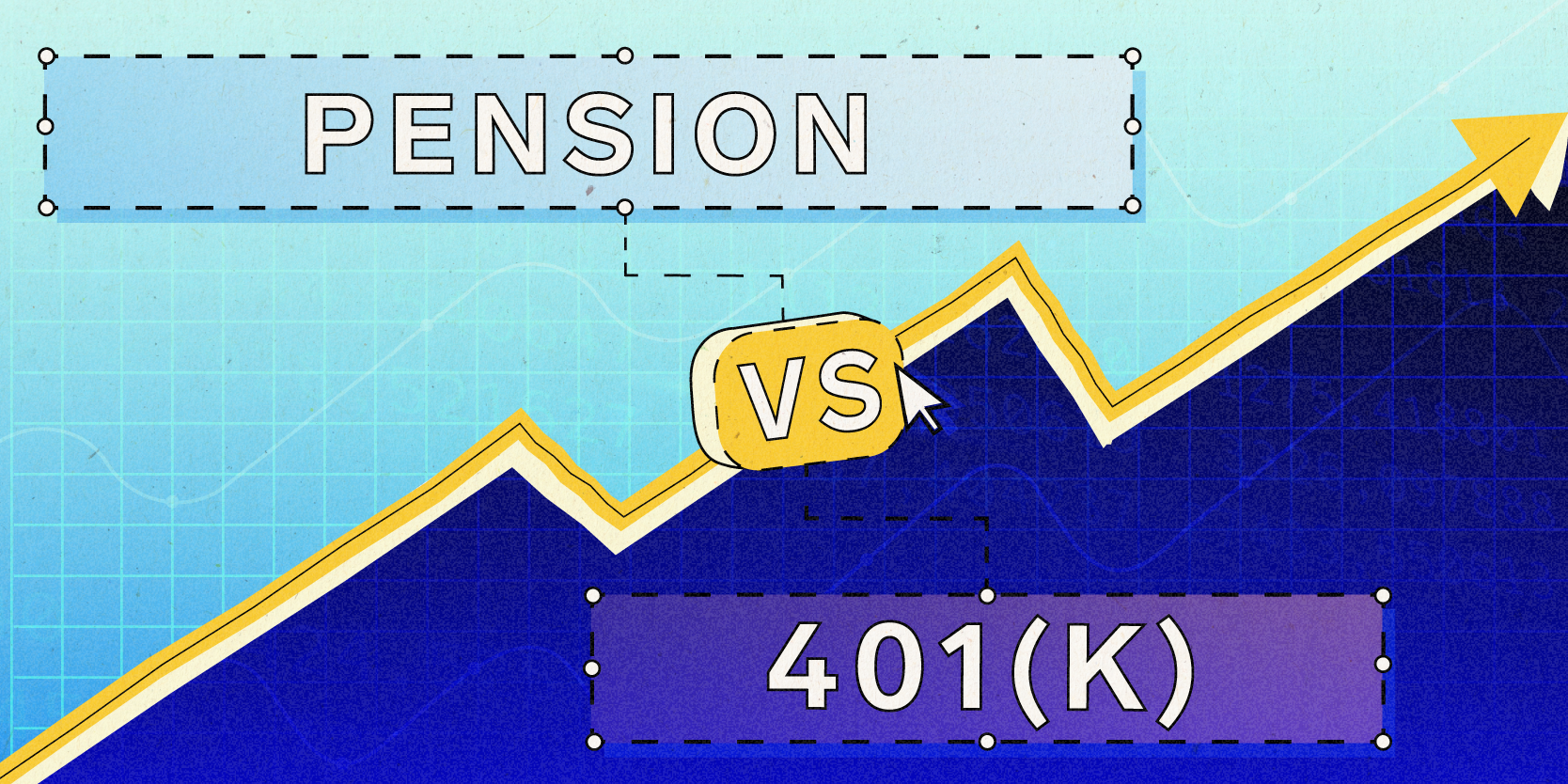 pension vs 401k, divided by an upwards trending arrow on investing themed background