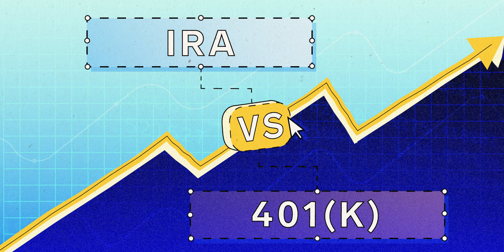 ira vs 401k, divided by an upwards trending arrow on investing themed background